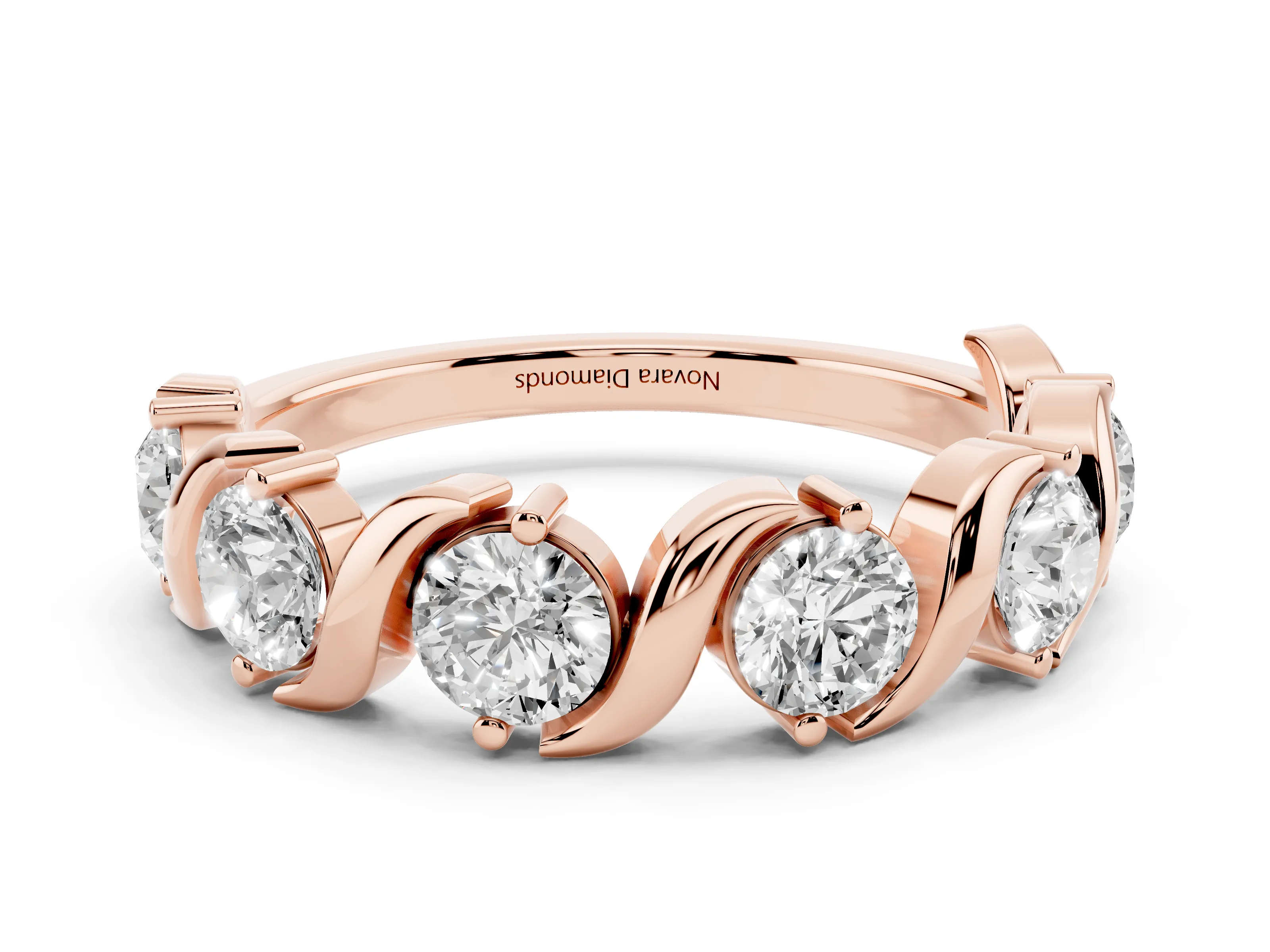 Round Diamond Six-Stone Wave Band Set in Rose gold with Shared Prong Setting
