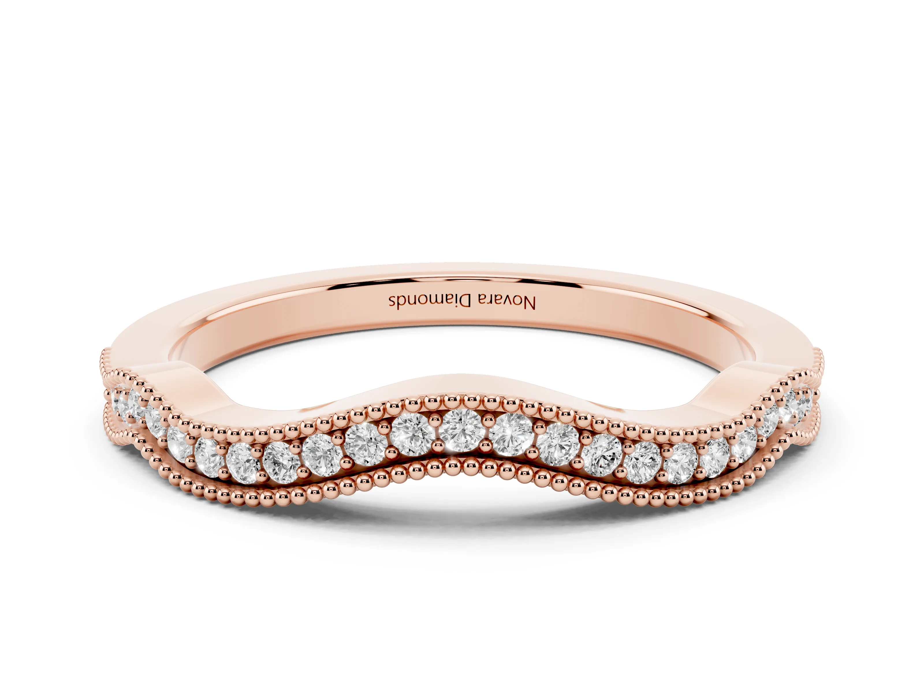Round Diamond Curved Pavé Band Set in Rose gold with Milgrain Detailing