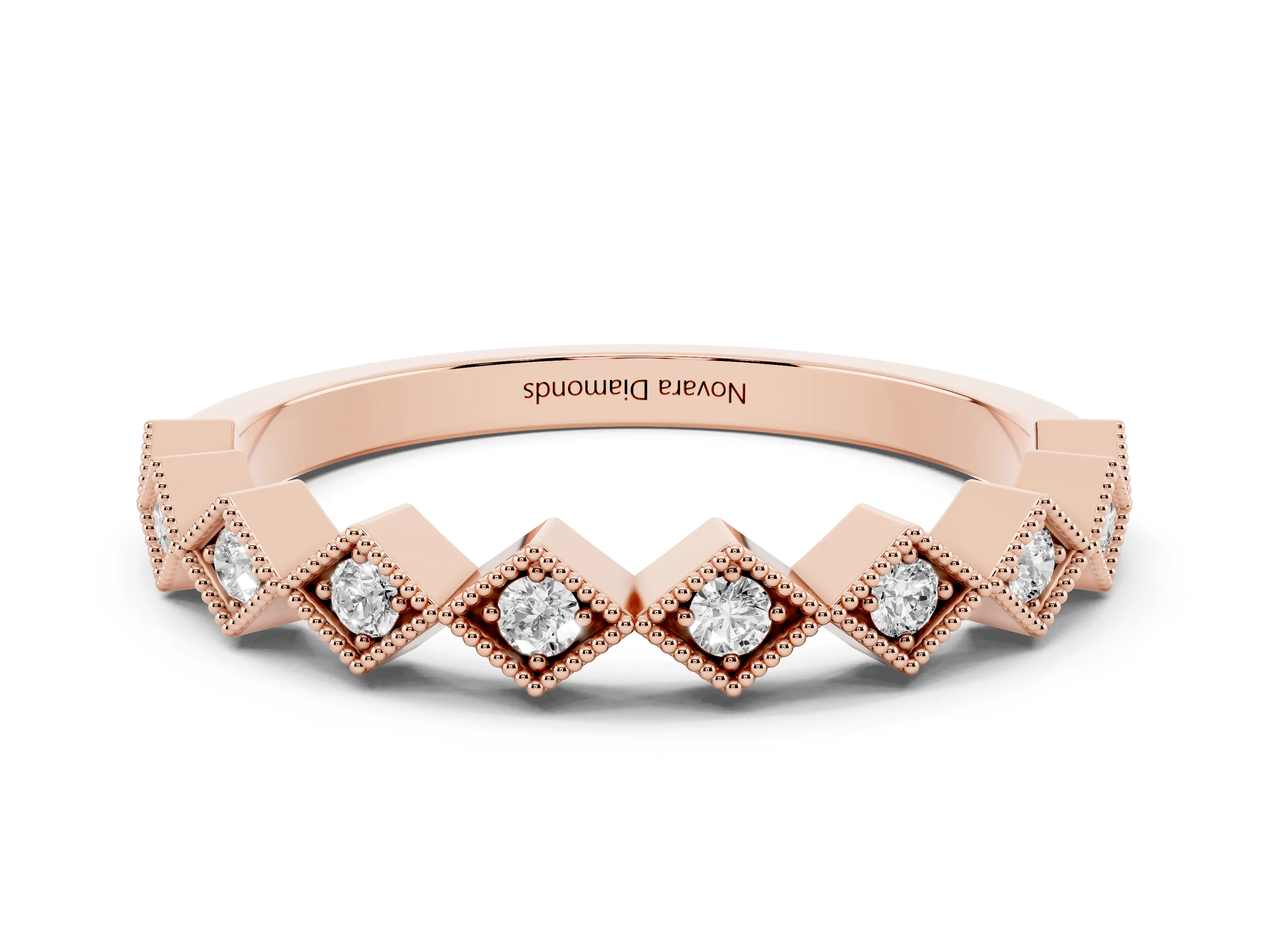 Round Cut Diamond Geometric Stackable Band Set in Rose gold with Milgrain Bezel Setting