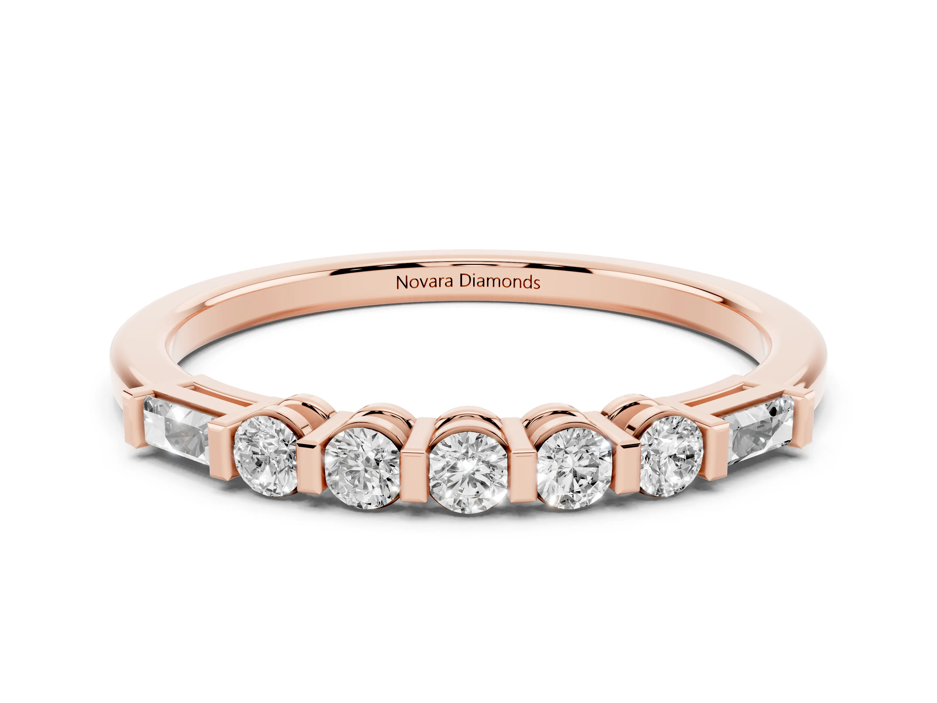 Round and Baguette Diamond Half Eternity Band Set in Rose gold with Prong Setting