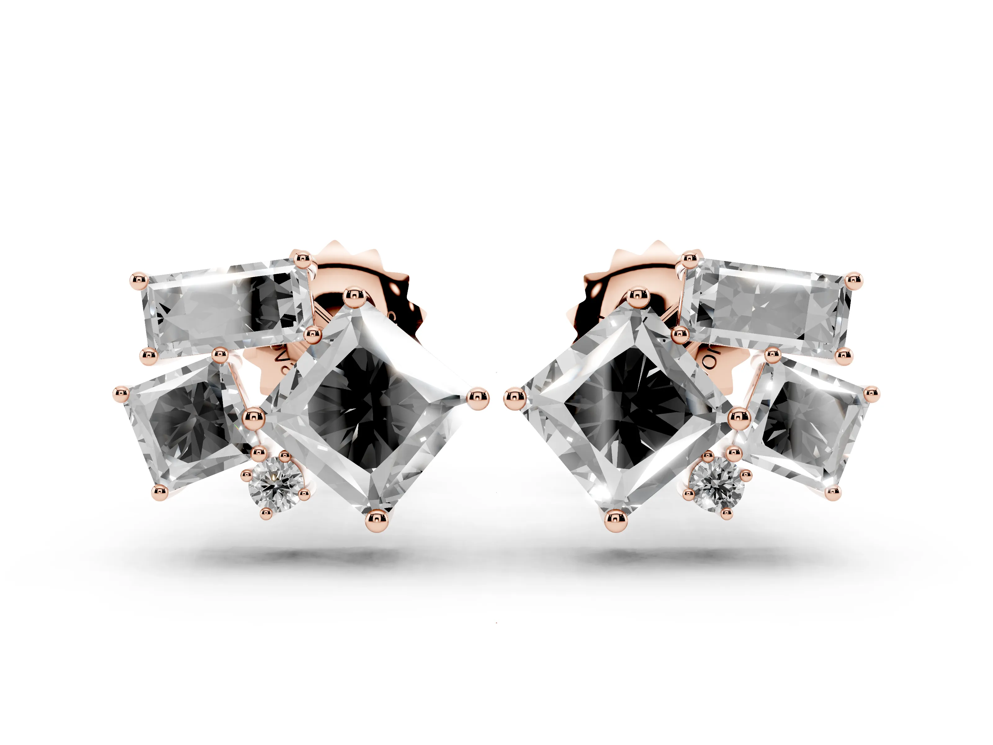 Princess Cut and Baguette Lab-Grown Diamond Mosaic Studs | On-Point Princess | Rose Gold
