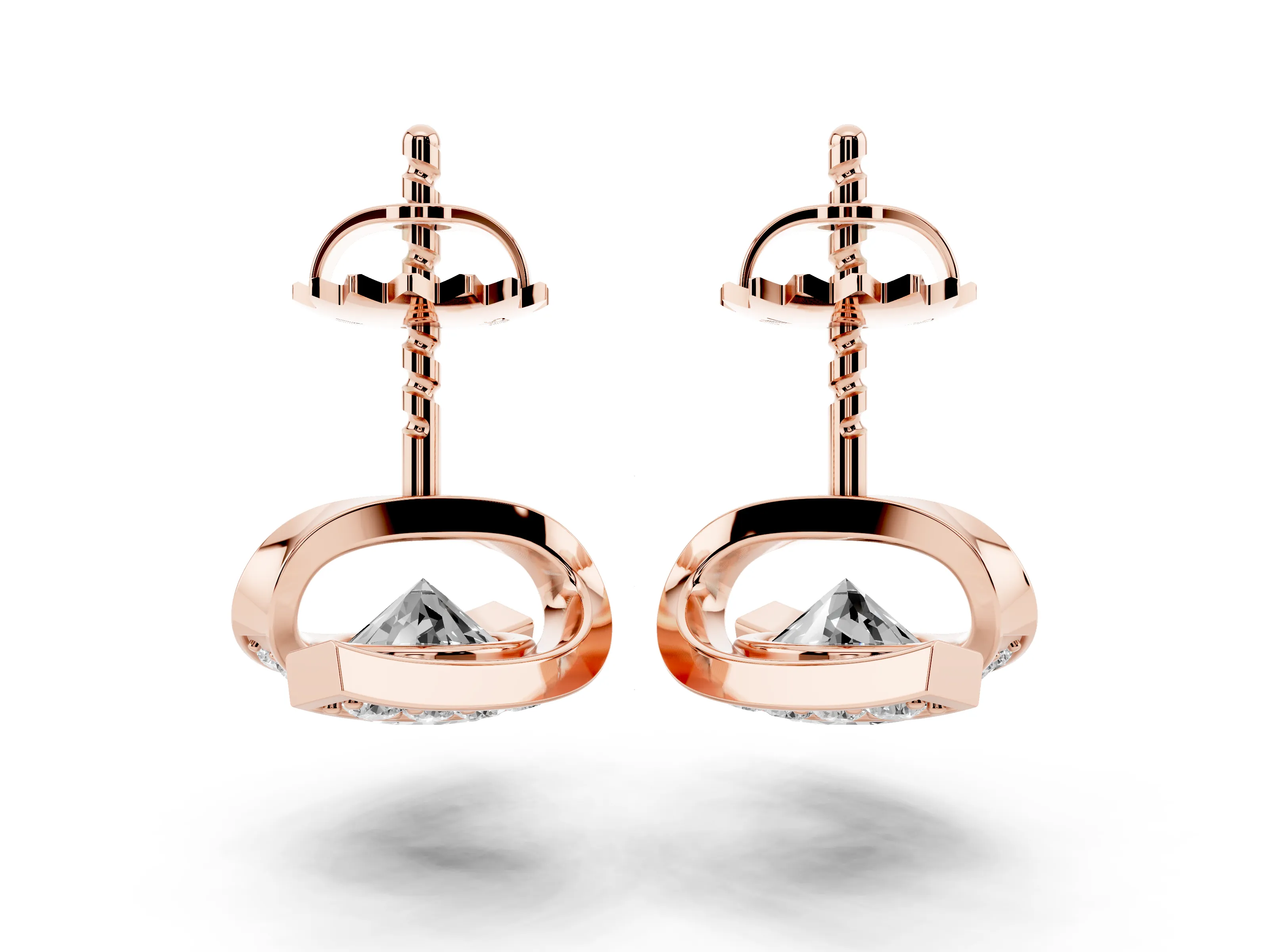Round Diamond Curve Wave Stud Earrings Set in Rose gold with Pavé Accents