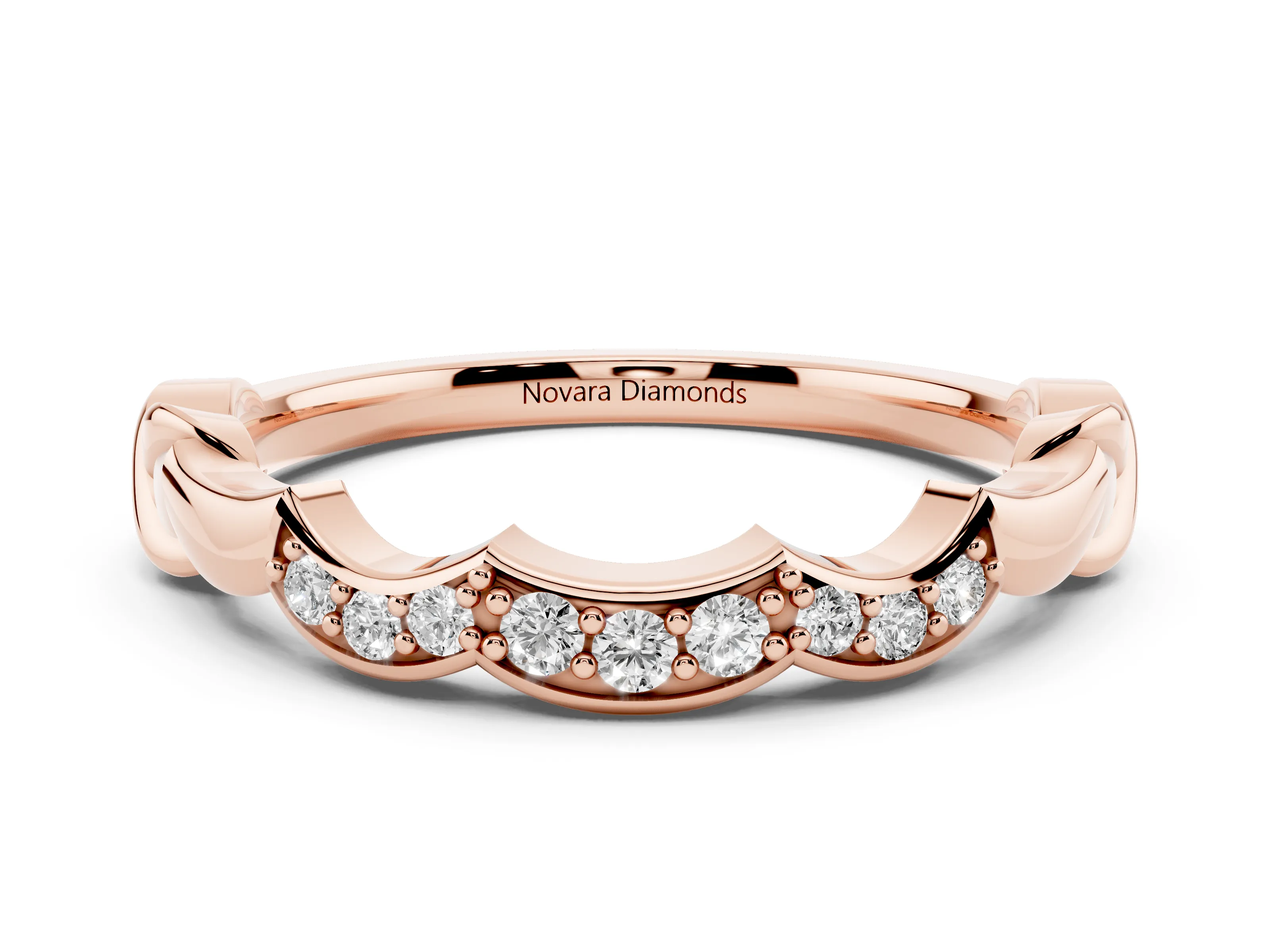 Round Diamond Scalloped Curved Band Set in Rose gold with Shared Prong Setting