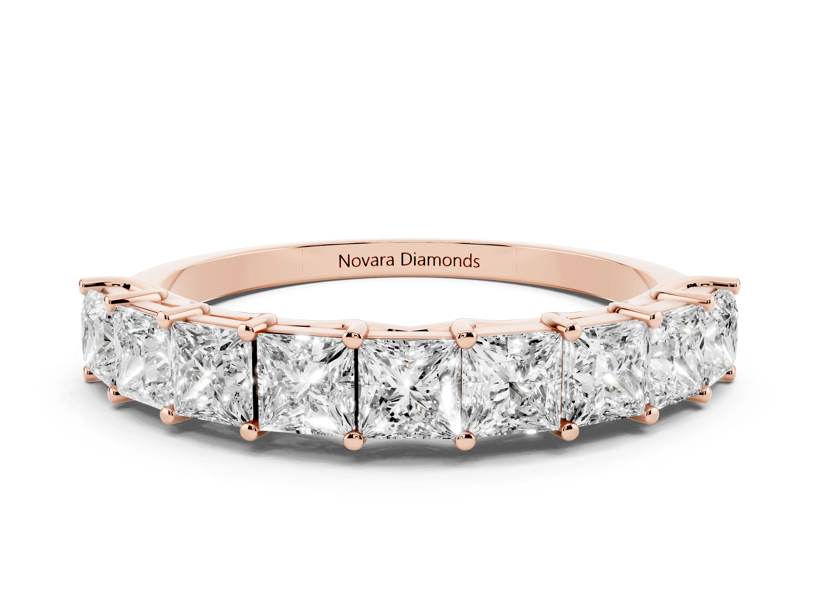 Princess Cut Diamond Channel Eternity Band Set in Rose gold with Prong Detailing