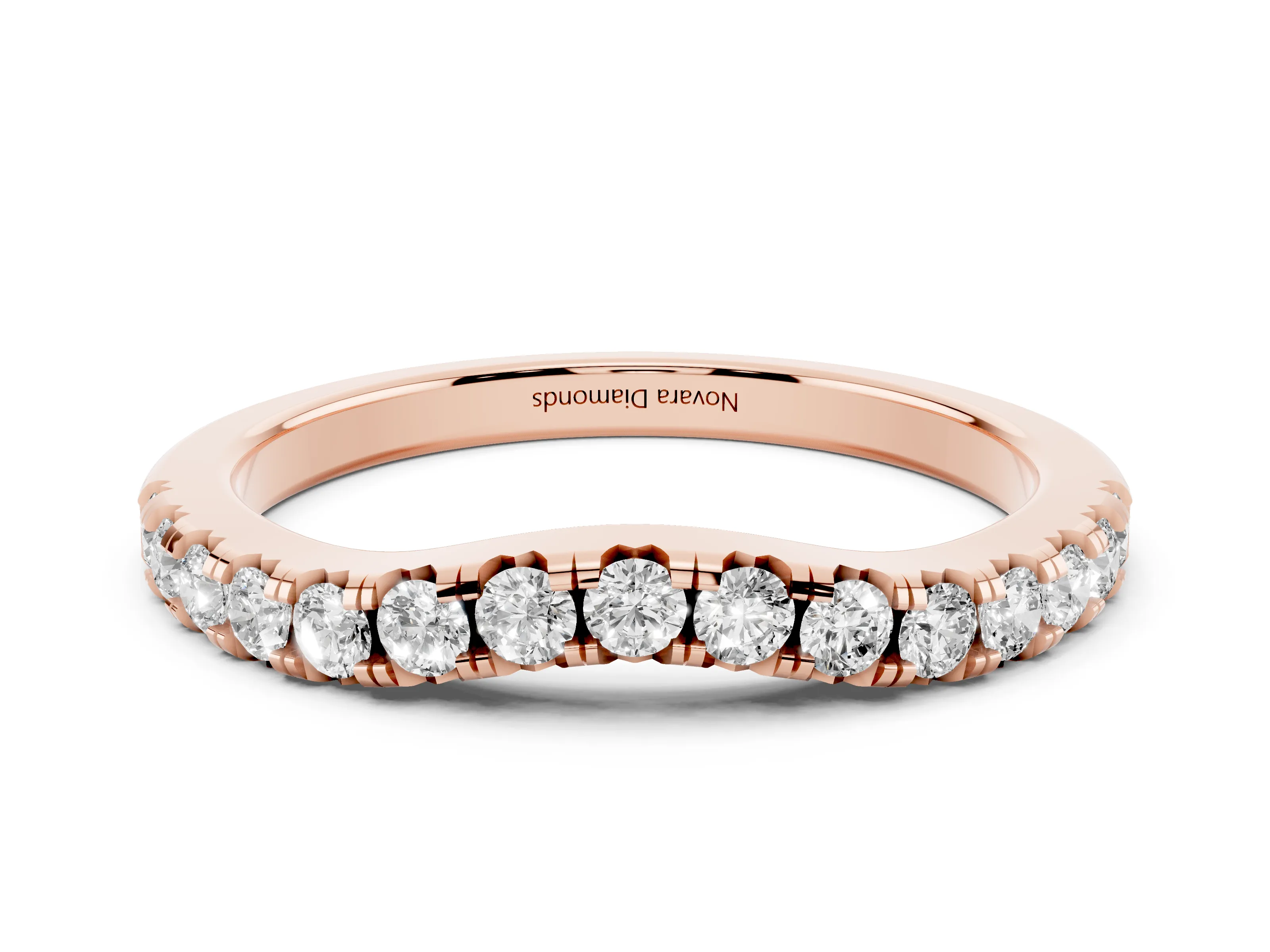 Round Diamond Curved Pavé Wedding Band Set in Rose gold with Shared Prongs