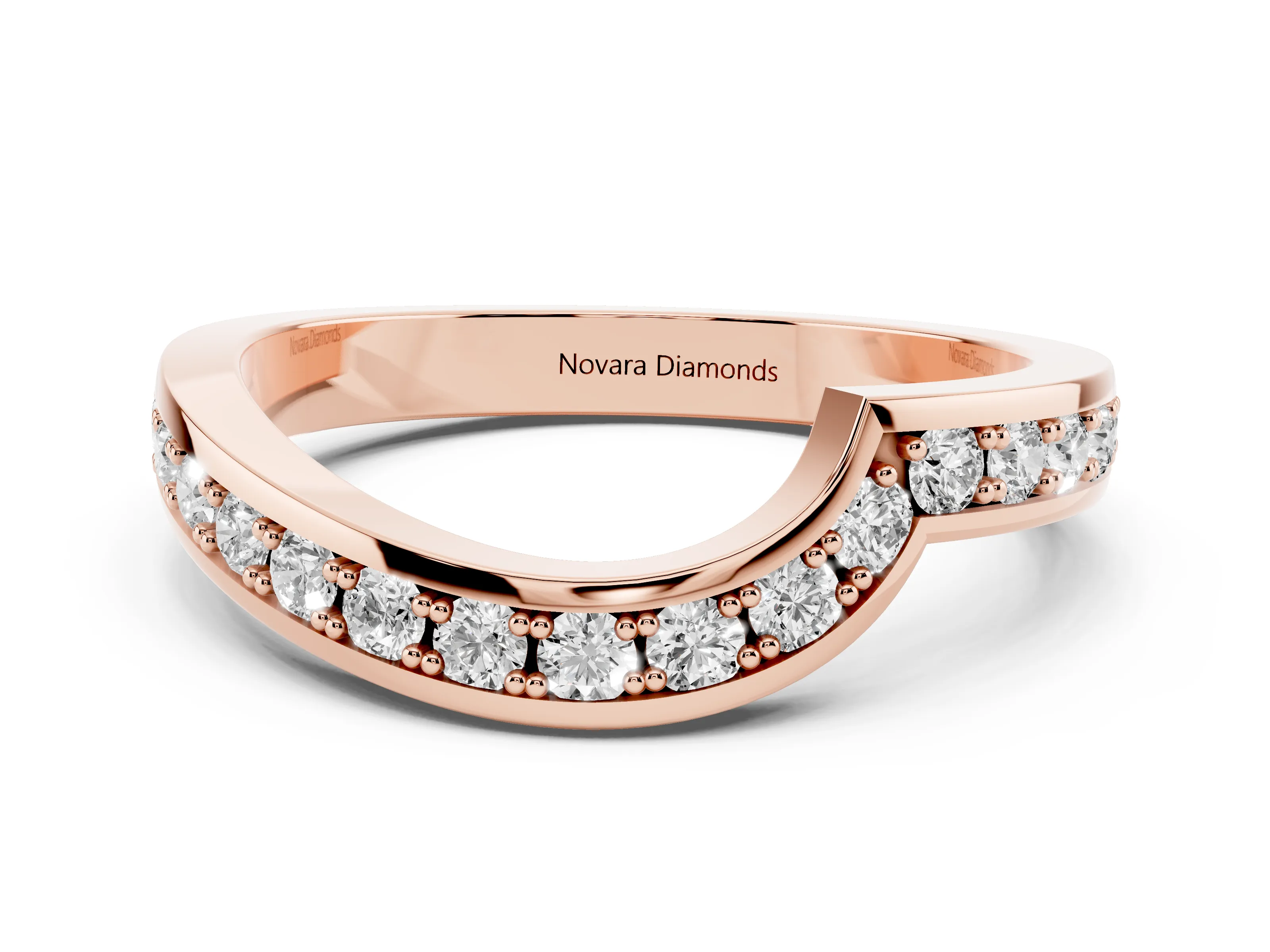 Round Diamond Curved Wedding Band Set in Rose gold with Pavé Channel Setting