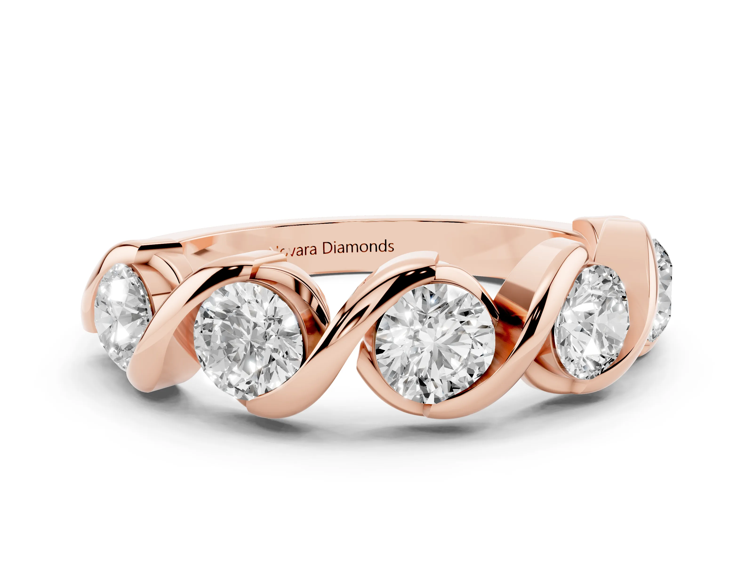 Round Diamond Flowing Wave Band Set in Rose gold with Channel Walls and Shared Prongs