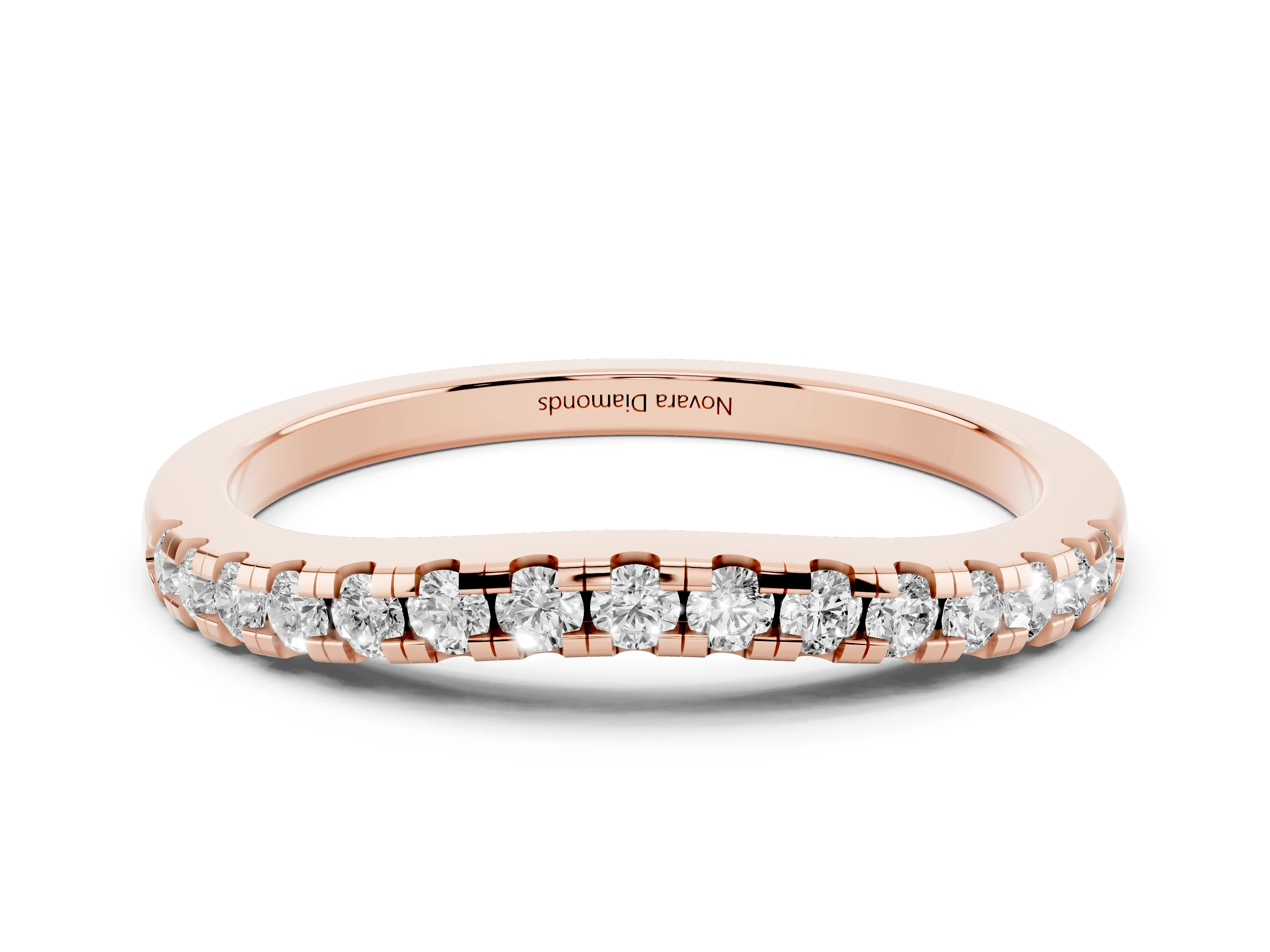 Round Diamond Curved Band Set in Rose gold with Pavé Shared Prong Row