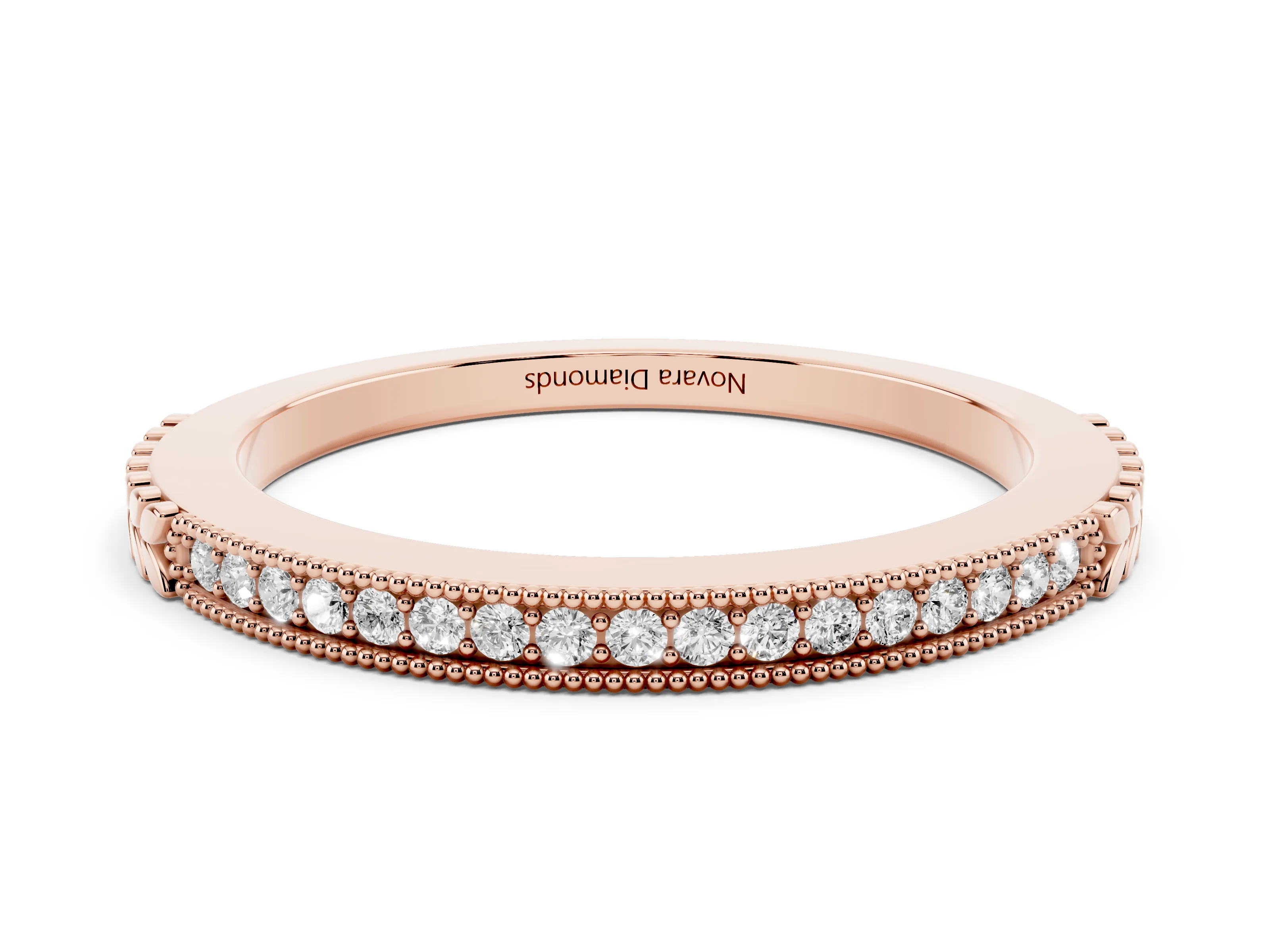 Round Cut Diamond Pavé Eternity Band Set in Rose gold with Beaded Milgrain Edge