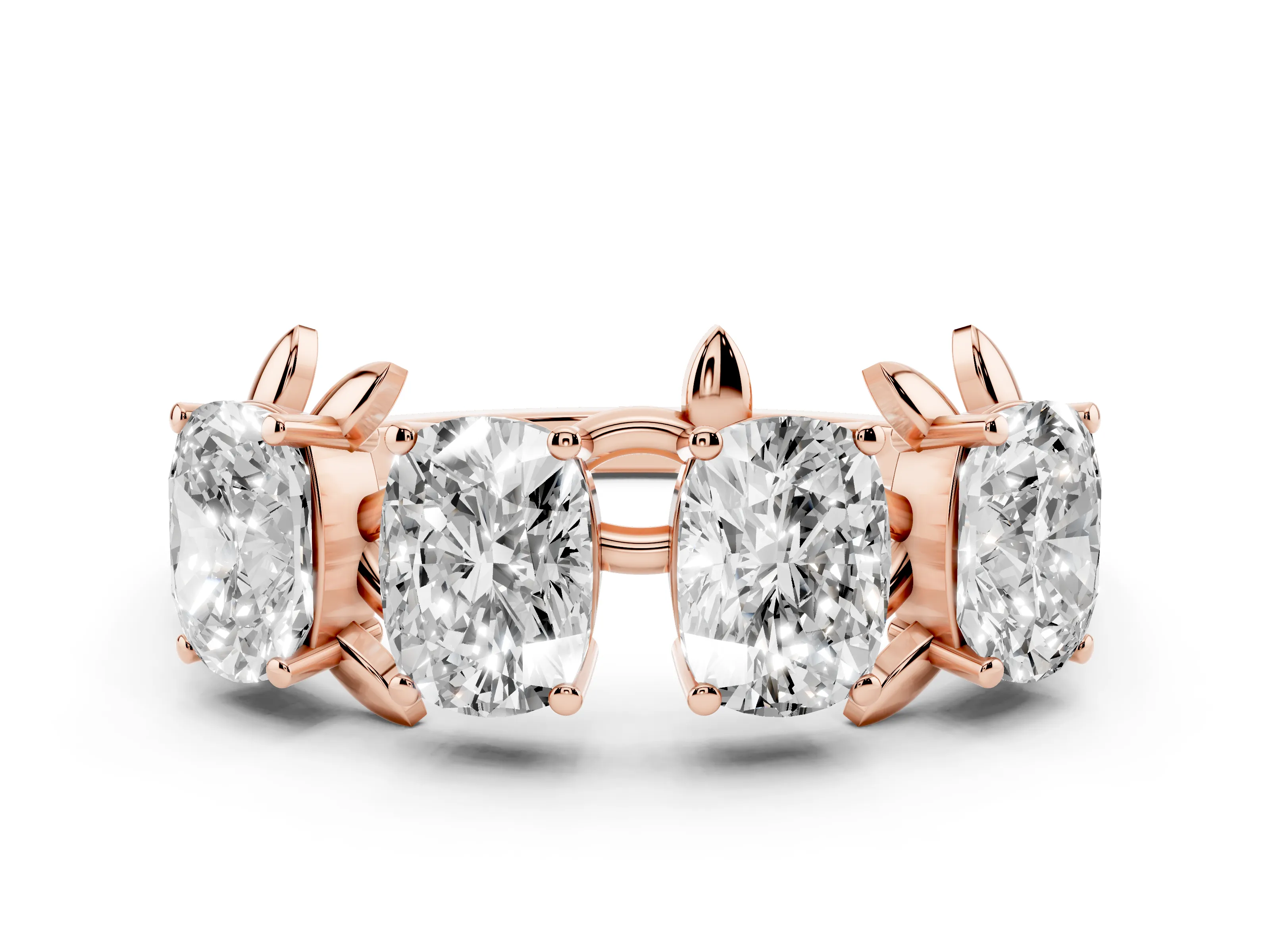 Elongated Cushion Diamond Four-Stone Band Set in Rose gold with Leaf Prong Setting