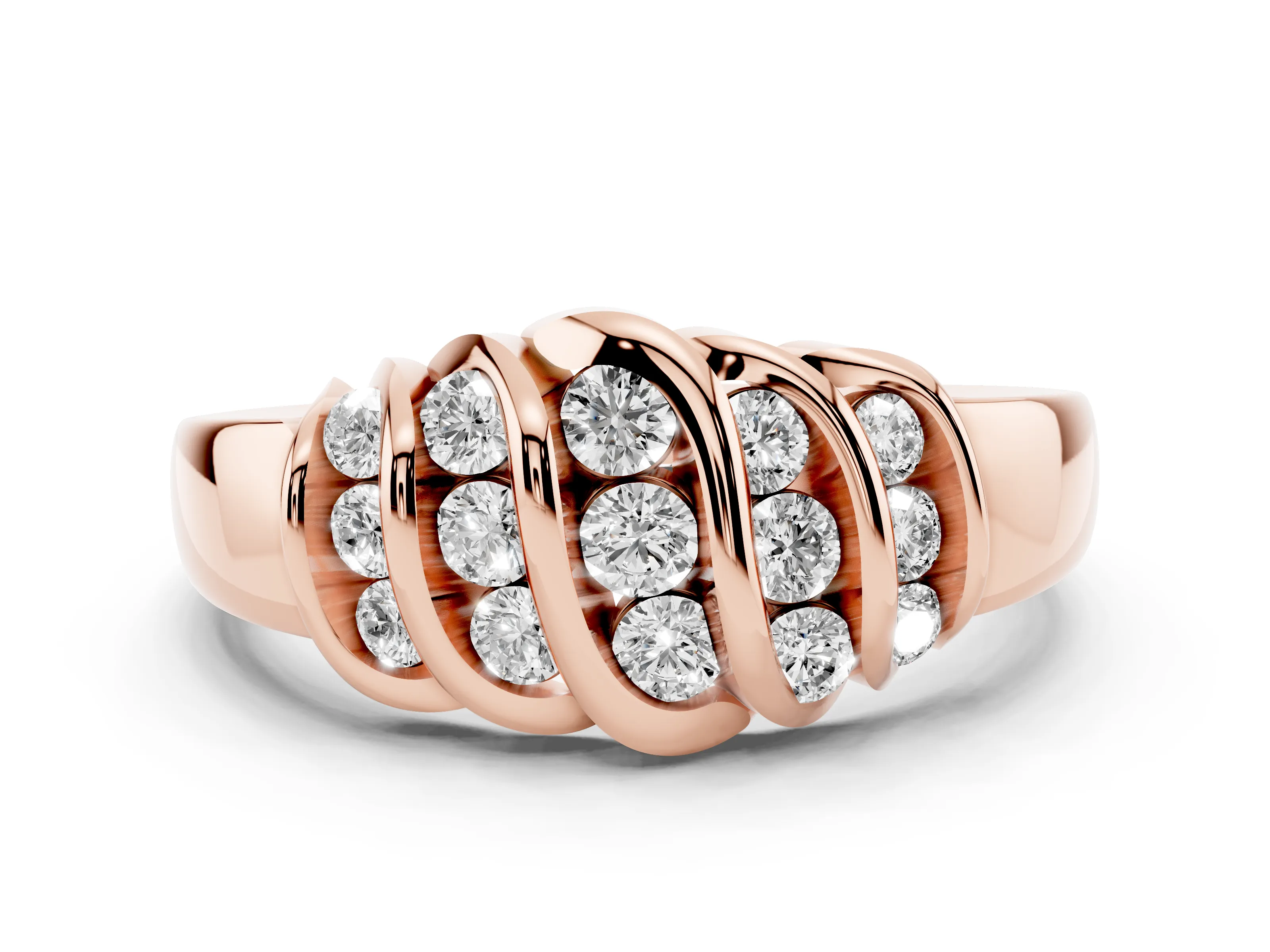 Round Diamond Multi-Row Crossover Band Set in Rose gold with Polished Curves