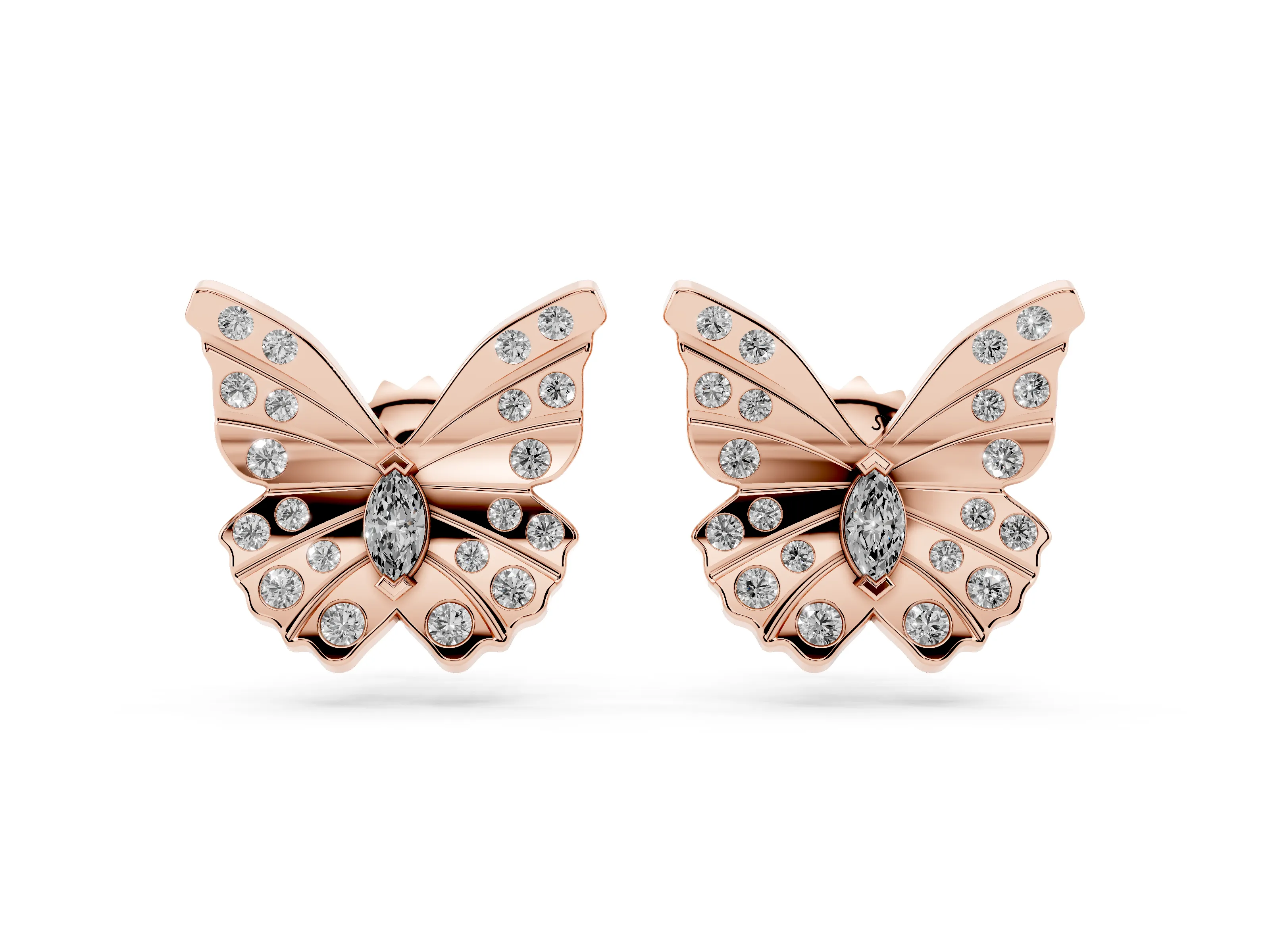 Marquise and Round Lab-Grown Diamond Butterfly Stud Earrings | Ridged Wings | Rose Gold
