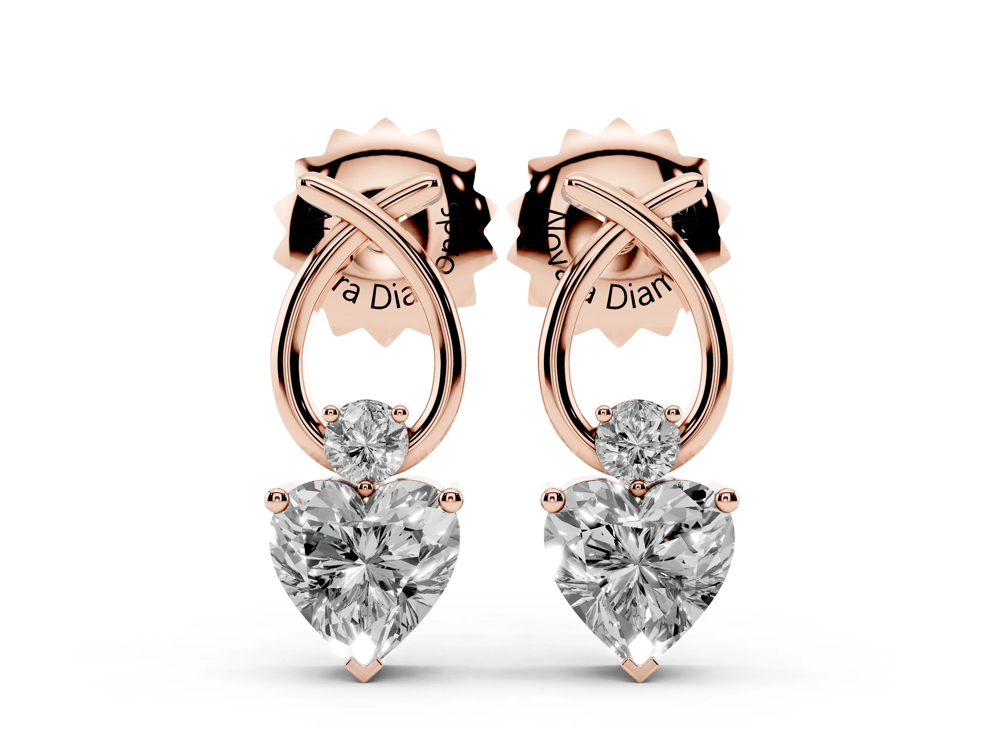 Heart Lab-Grown Diamond Ribbon Drop Earrings | Round Accent | Rose Gold