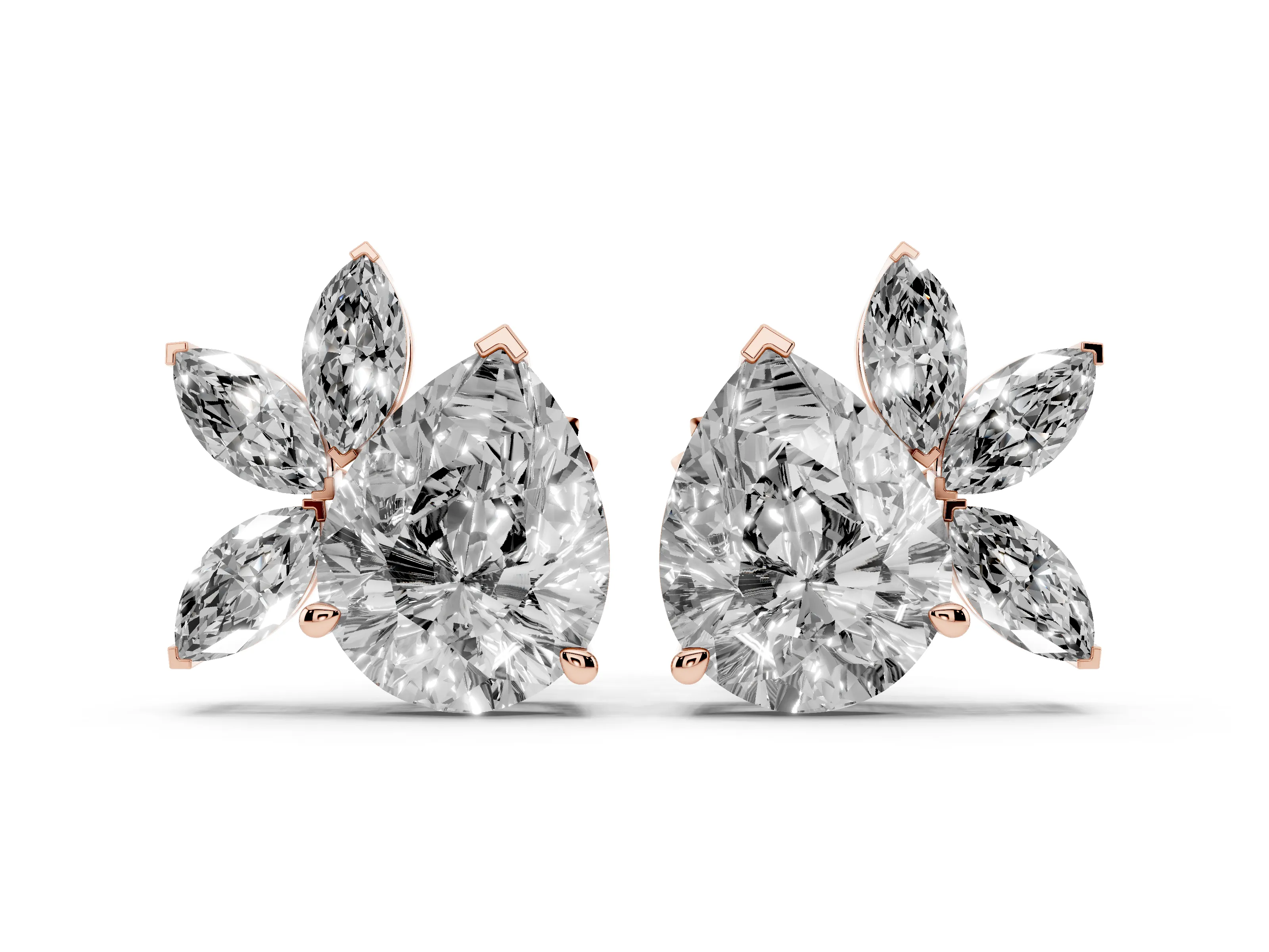 Pear-Shaped Lab-Grown Diamond Fan Cluster Stud Earrings | Marquise Accents | Rose Gold