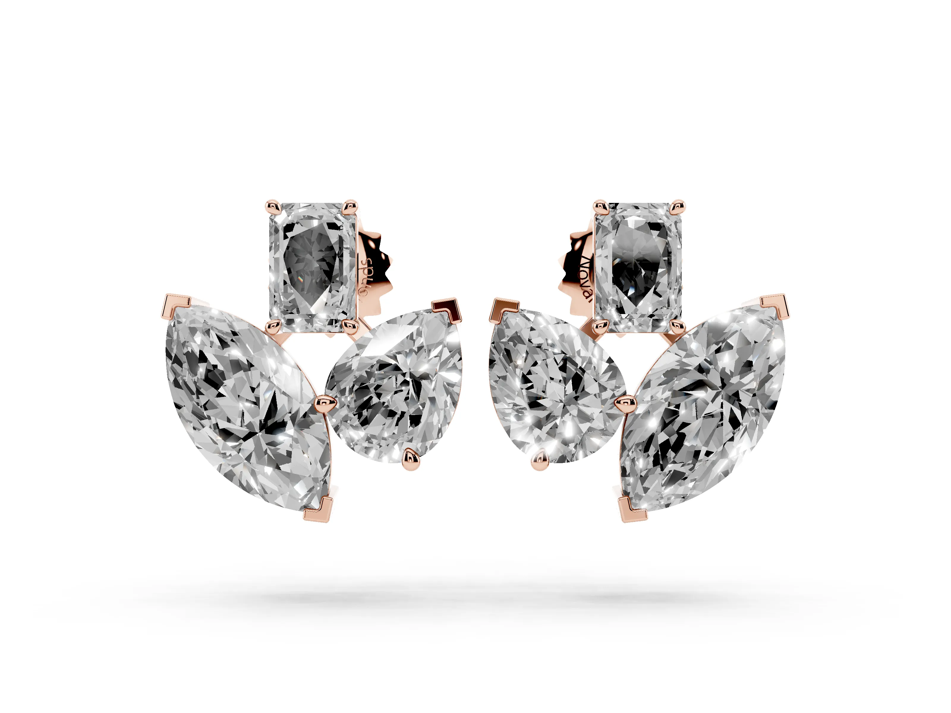 Emerald Cut Marquise and Pear Lab-Grown Diamond Mosaic Fan Earrings | Three Stone | Rose Gold