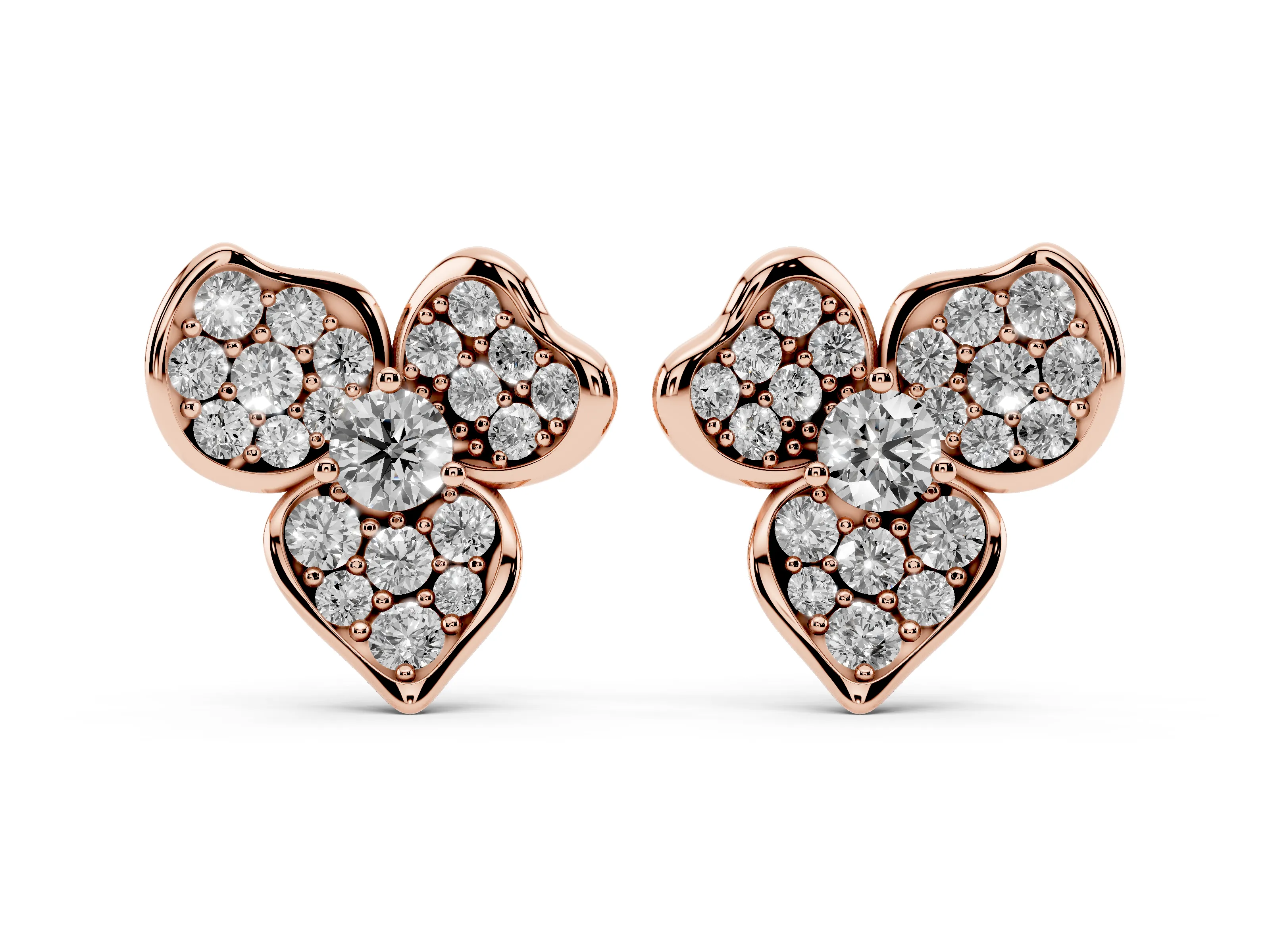 Round Lab-Grown Diamond Pavé Flower Stud Earrings | Three Heart Petals | Rose Gold