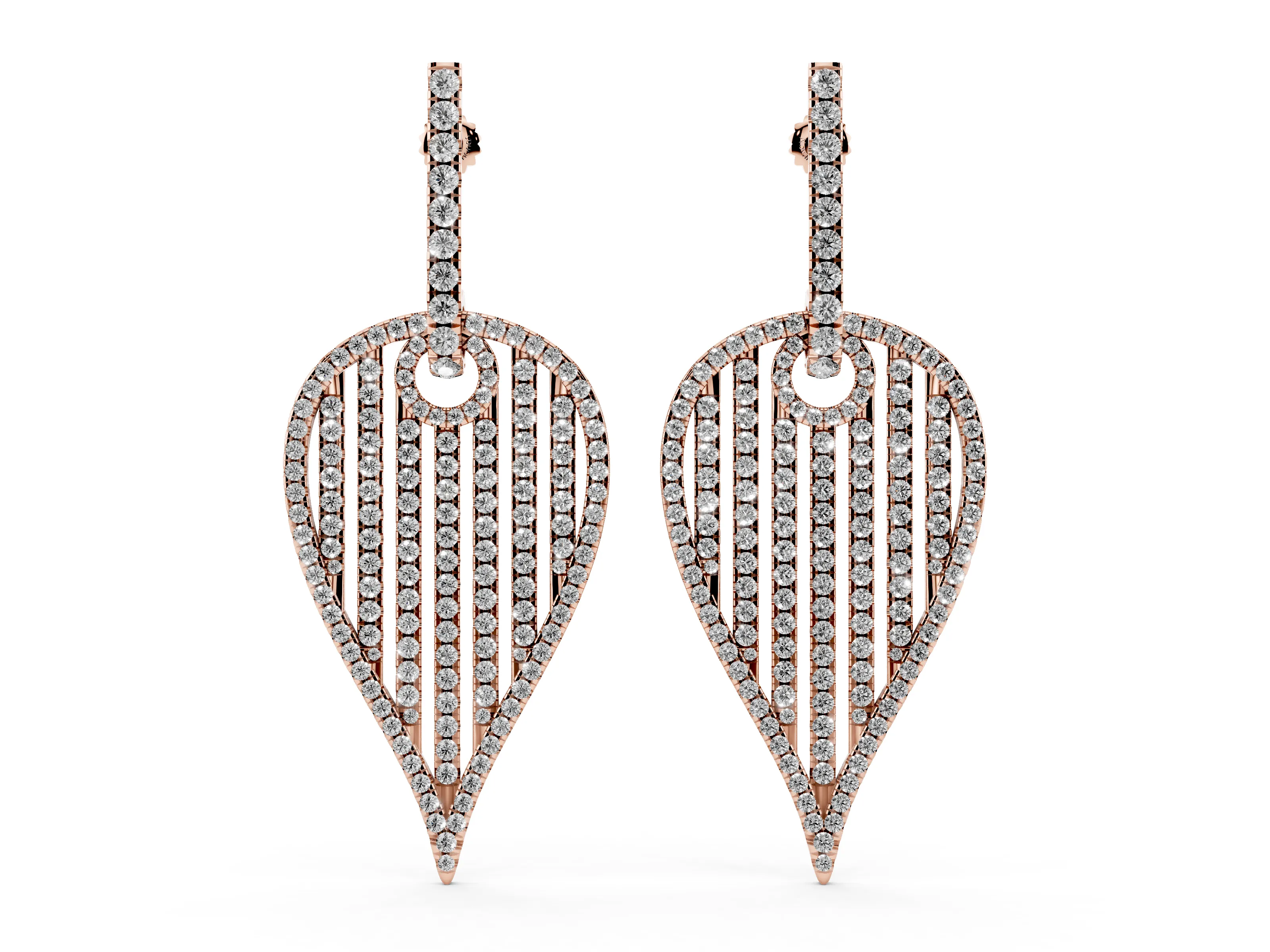 Round Lab-Grown Diamond Striped Teardrop Pavé Drop Earrings | Stone-Set Bar Top | Rose Gold