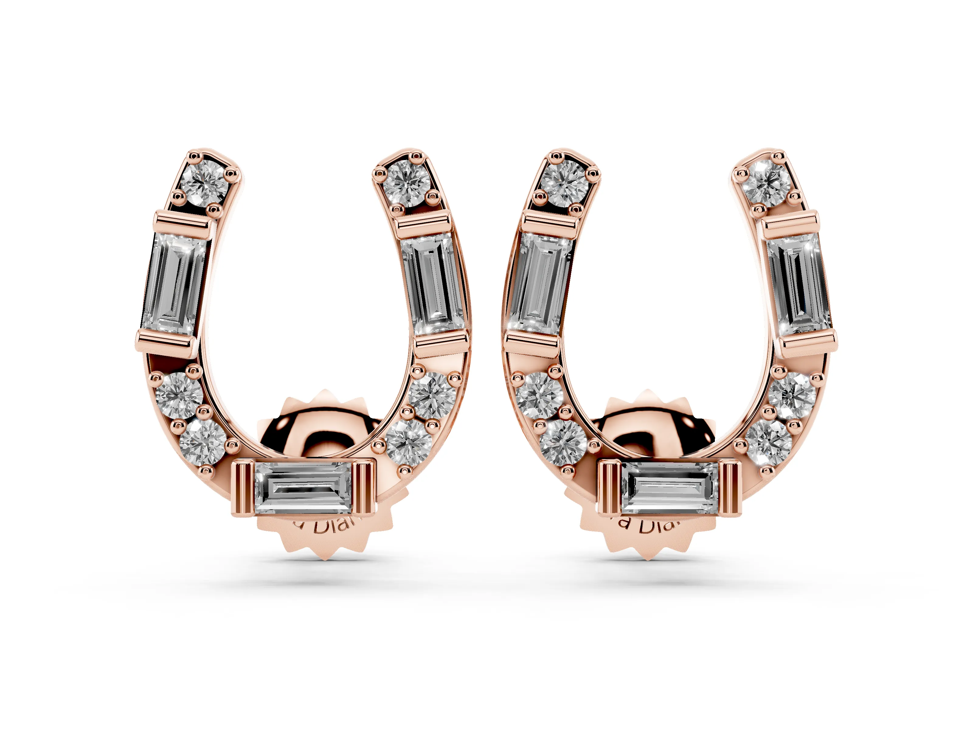 Baguette and Round Lab-Grown Diamond Horseshoe Stud Earrings | Bar-Set Baguettes | Rose Gold