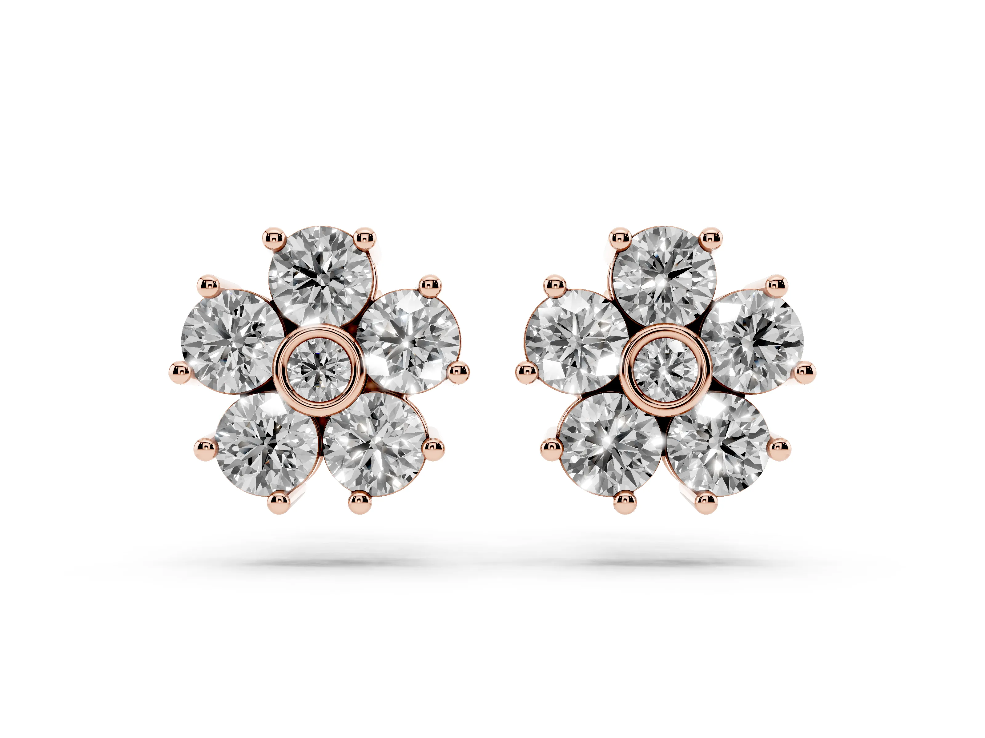 Round Lab-Grown Diamond Flower Cluster Stud Earrings | Bezel-Set Middle | Rose Gold