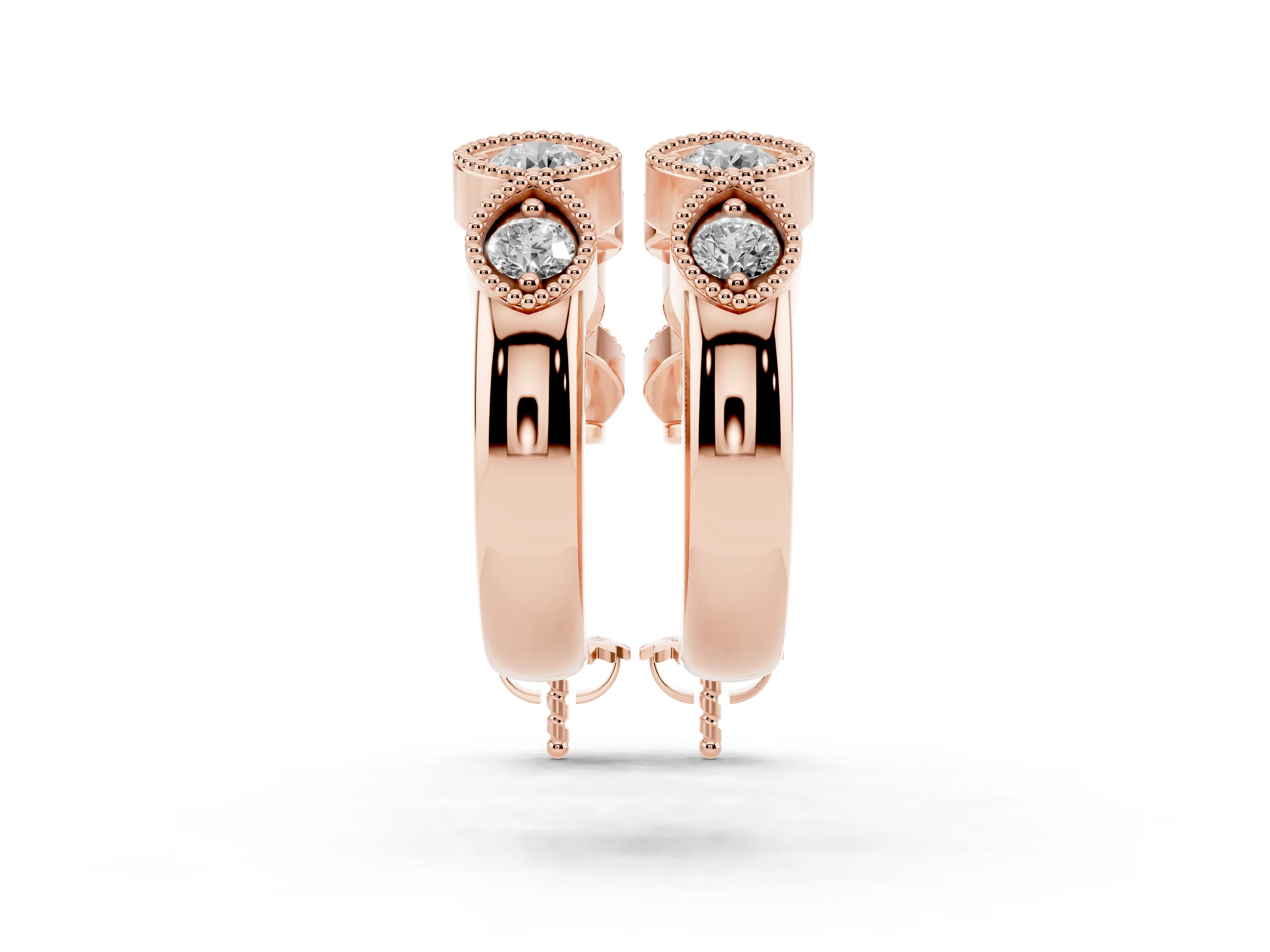 Round Lab-Grown Diamond Vintage Milgrain Hoop Earrings | Cushion and Marquise Frames | Rose Gold