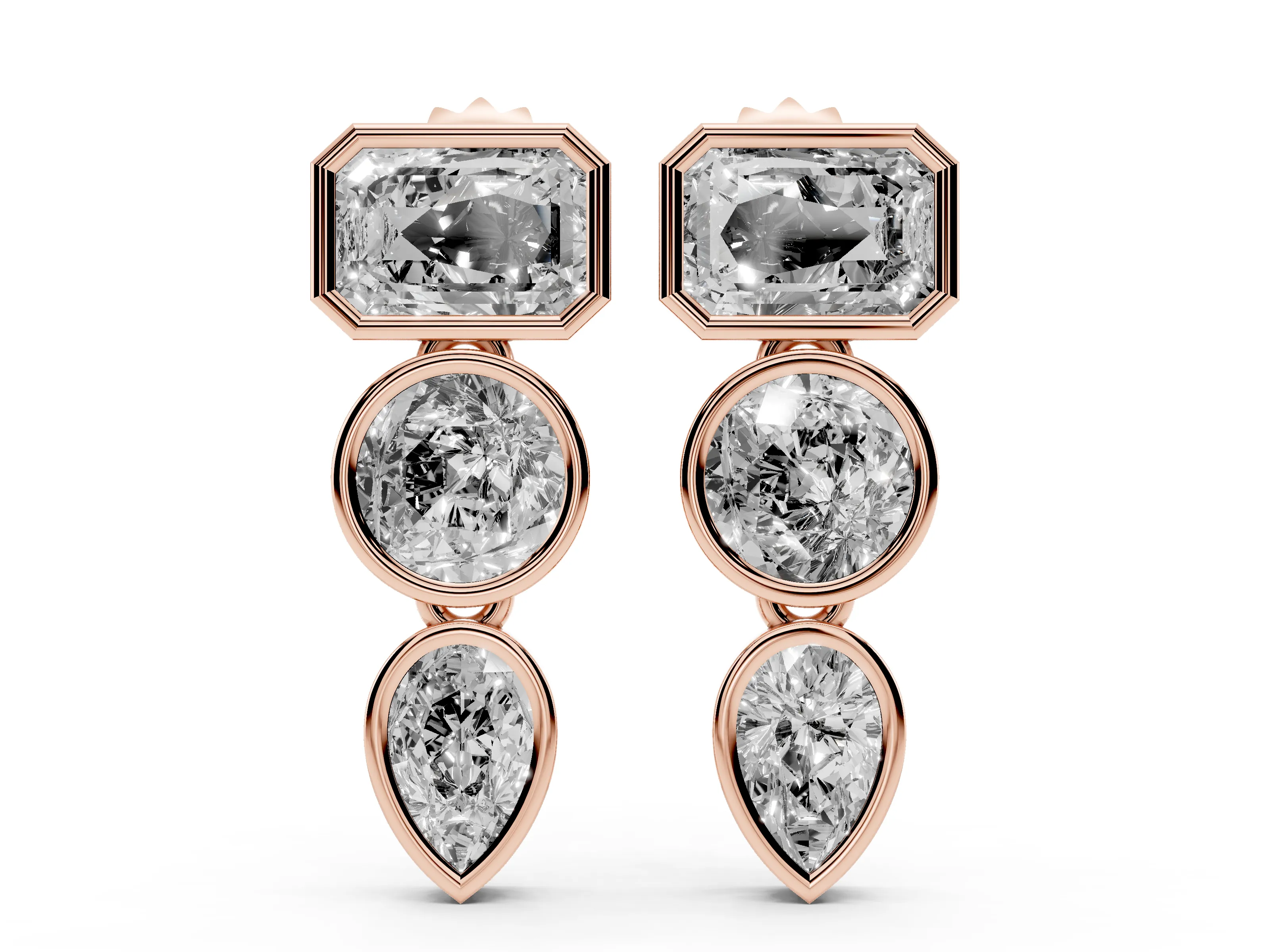 Emerald Cut Round and Pear Lab-Grown Diamond Bezel Drop Earrings | Linked Drop | Rose Gold