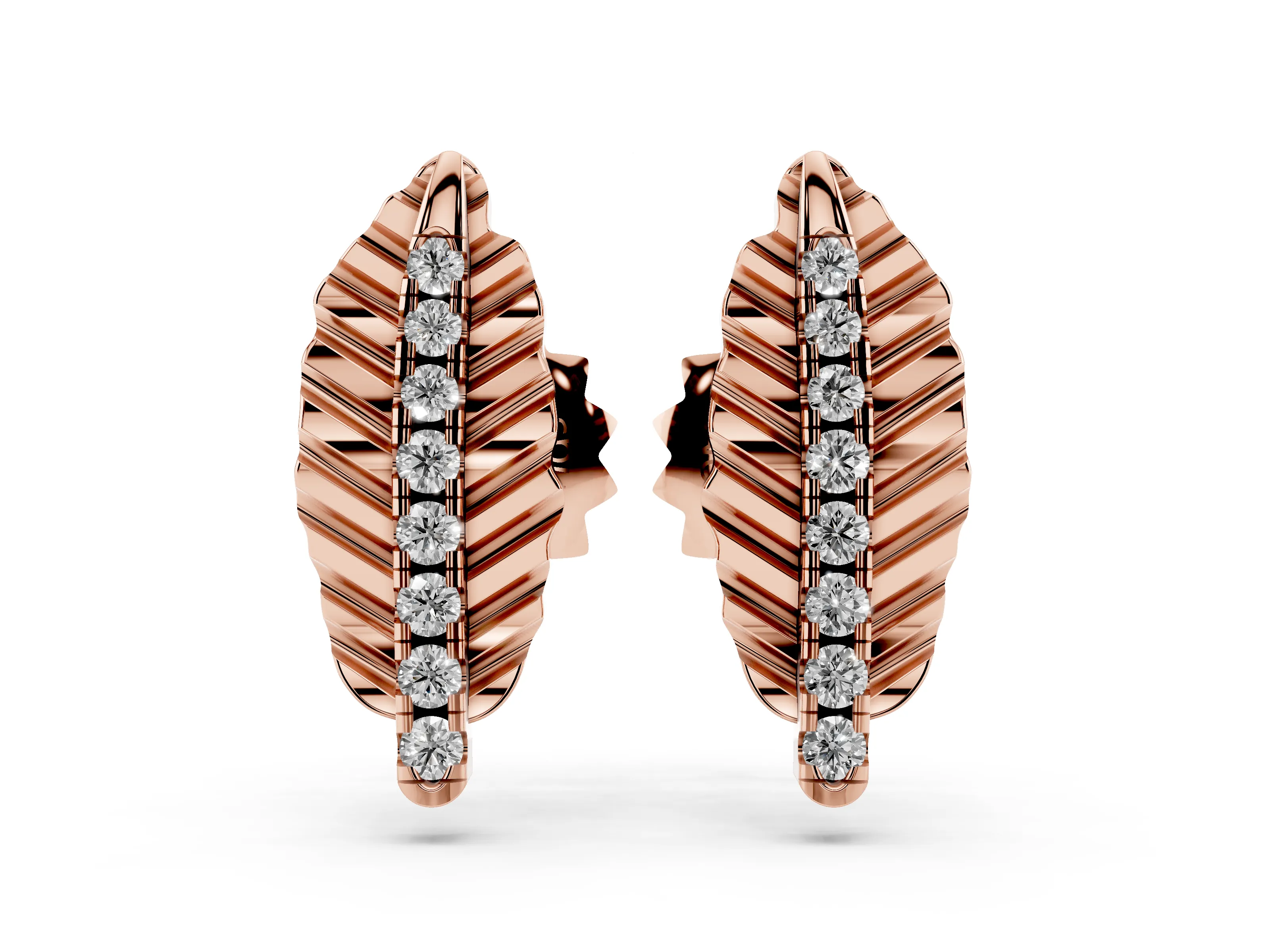 Round Lab-Grown Diamond Sculpted Leaf Stud Earrings | Stone-Set Vein | Rose Gold