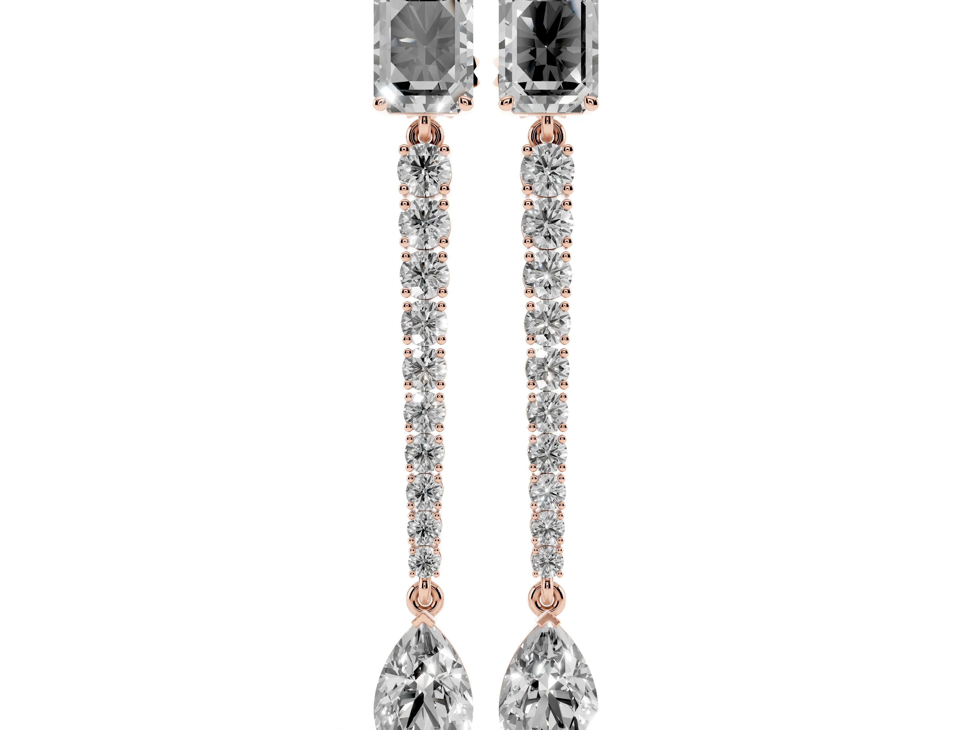 Emerald Cut and Pear Lab-Grown Diamond Graduated Drop Earrings | Round Stone Line | Rose Gold