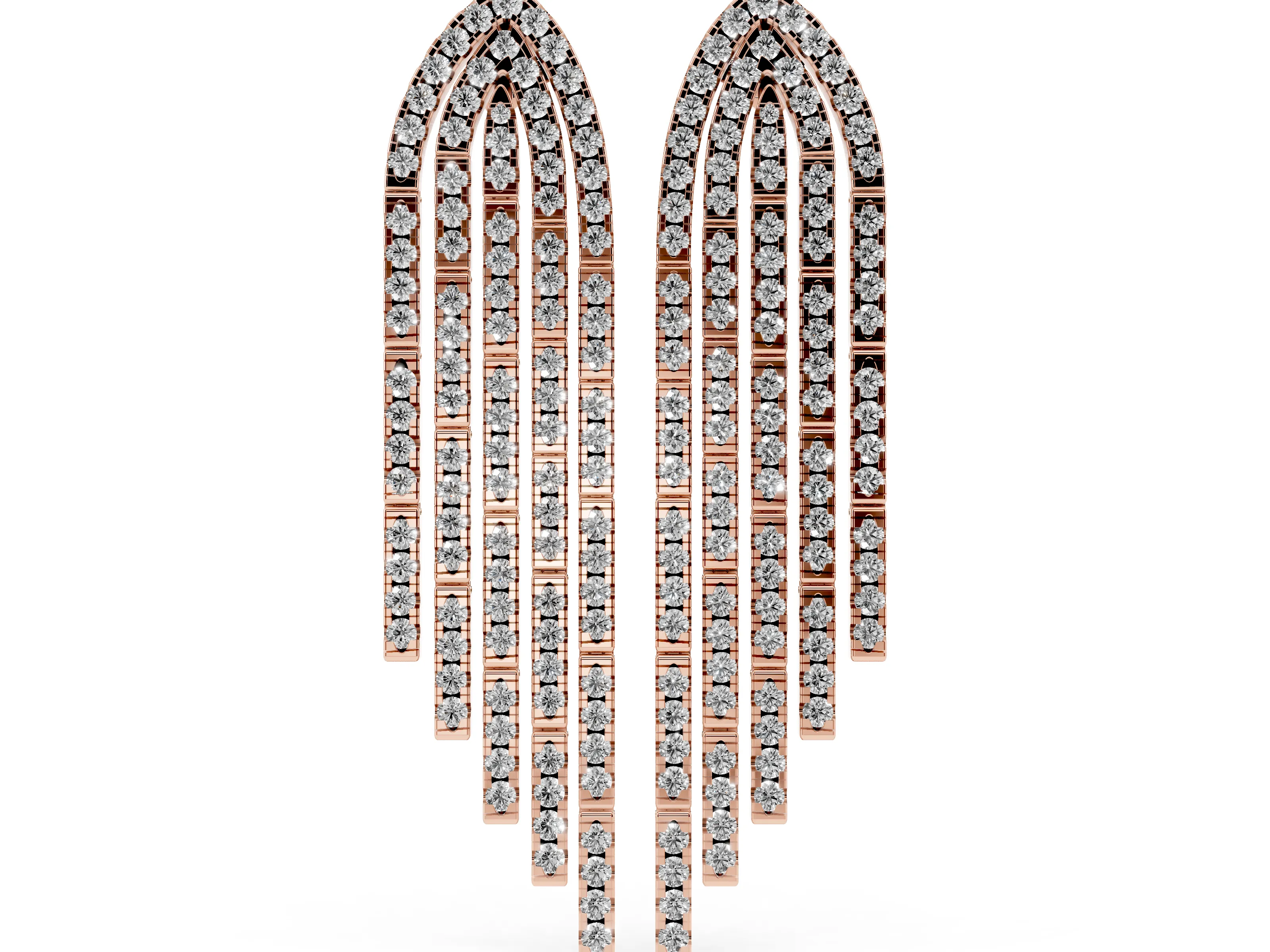 Round Lab-Grown Diamond Pavé Waterfall Drop Earrings | Five Open Rows | Rose Gold