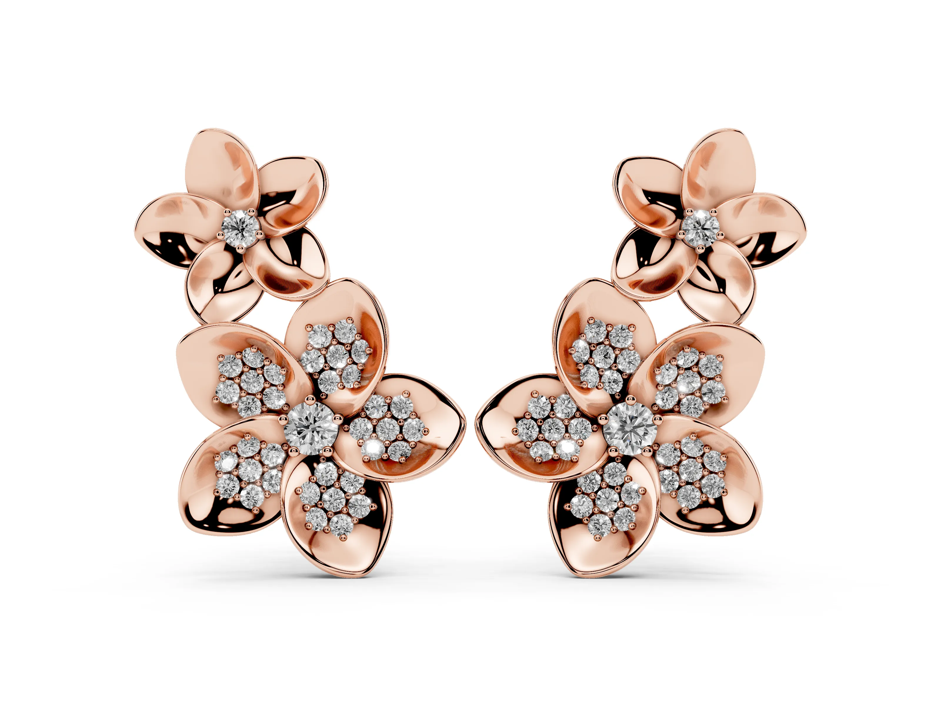 Round Lab-Grown Diamond Plumeria Flower Climber Earrings | Petal Rosettes | Rose Gold