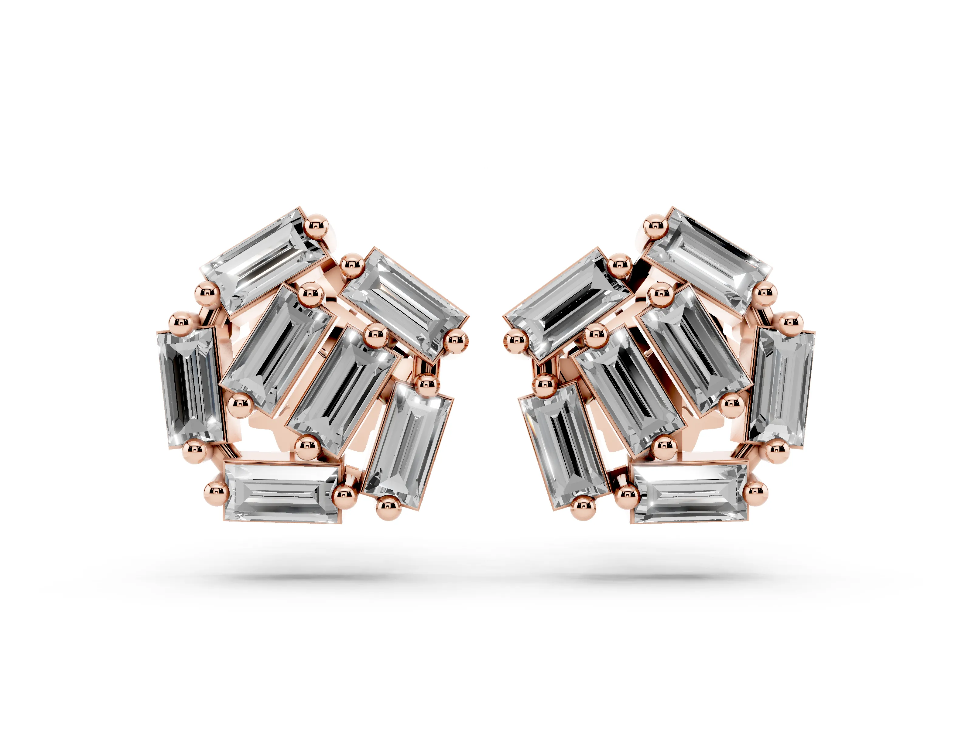 Baguette Lab-Grown Diamond Geometric Cluster Stud Earrings | Angled Stones | Rose Gold