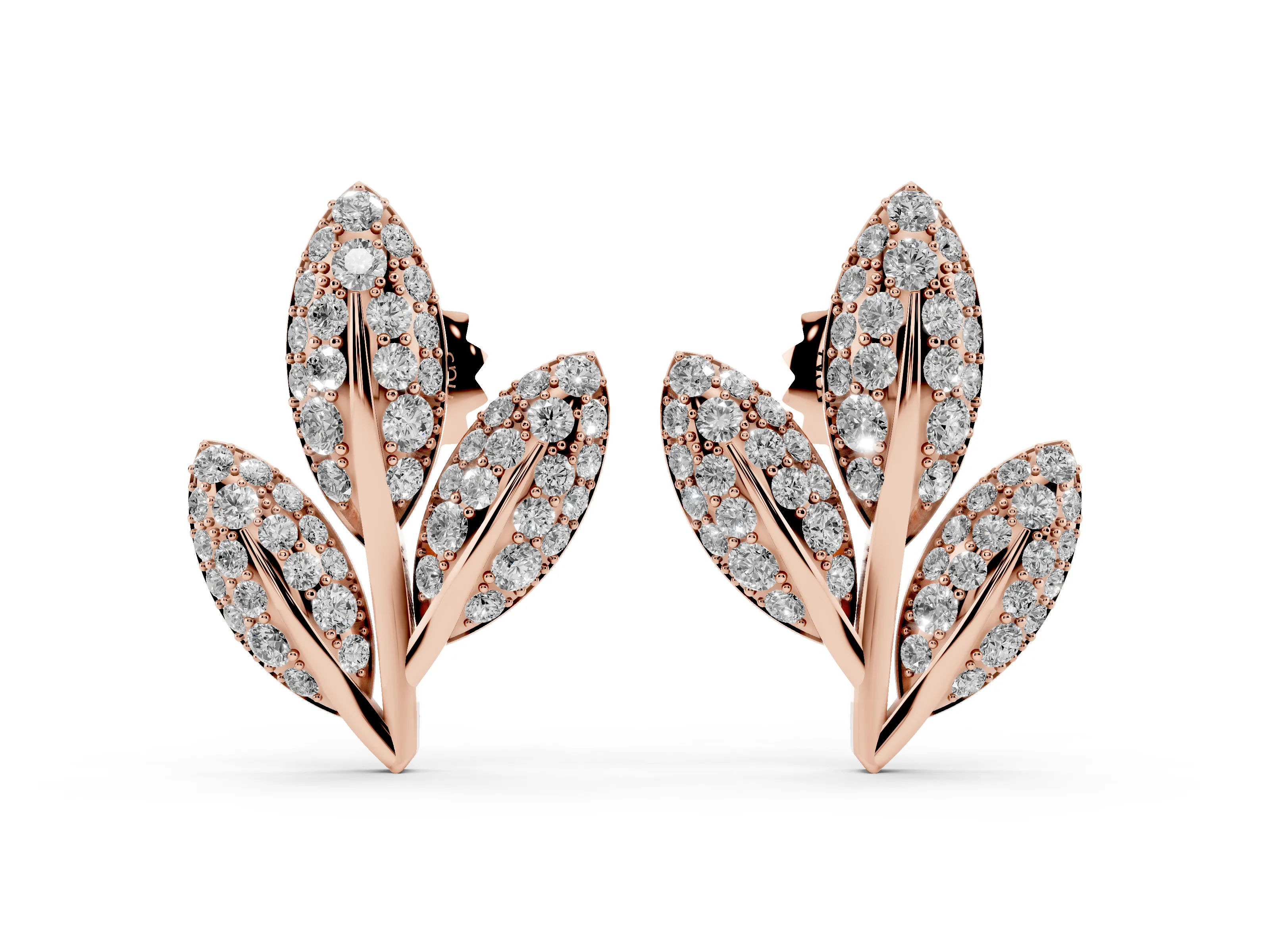 Round Lab-Grown Diamond Pavé Olive Branch Stud Earrings | Three Leaves | Rose Gold