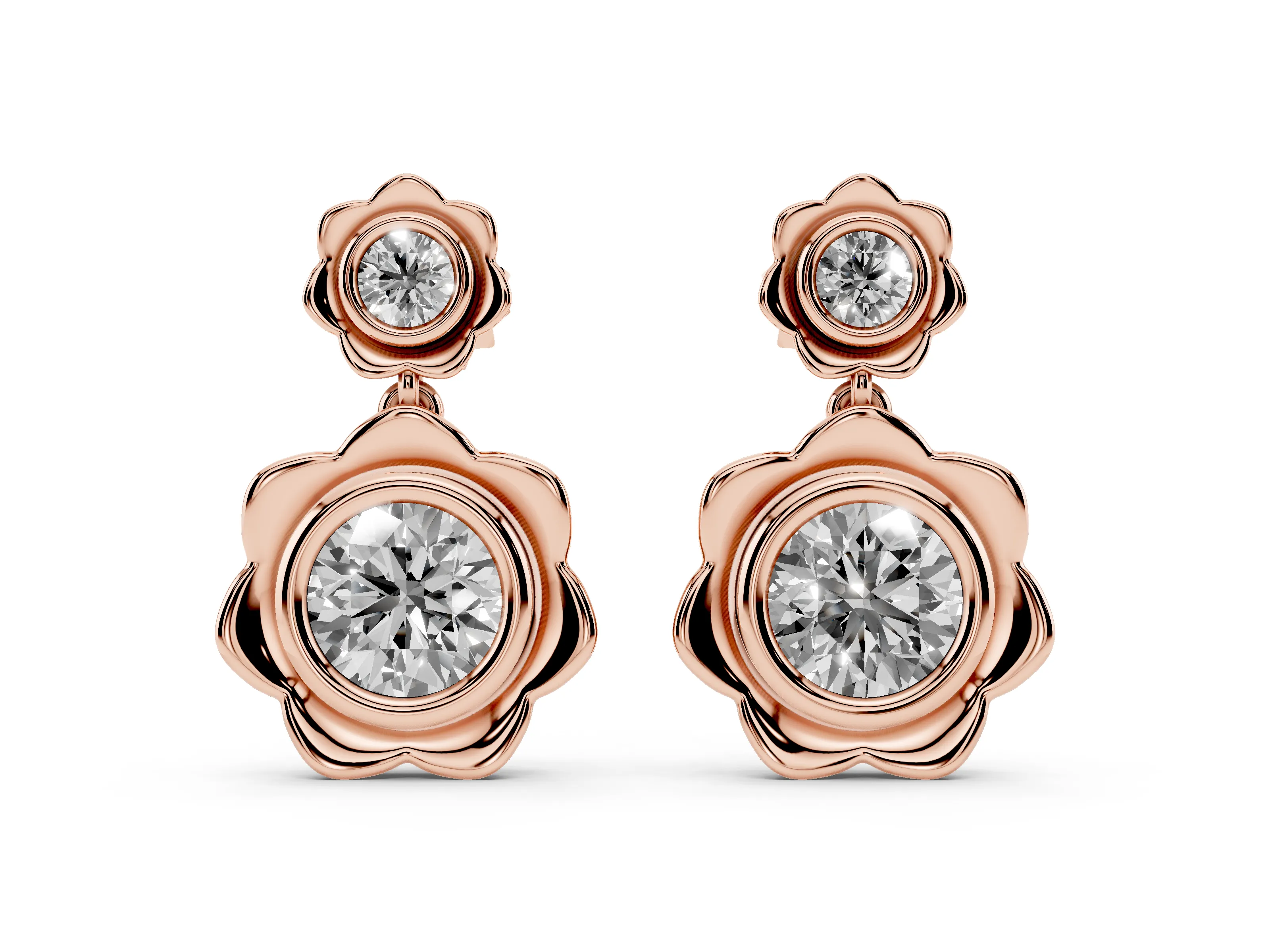 Round Lab-Grown Diamond Bezel Flower Drop Earrings | Double Flower | Rose Gold