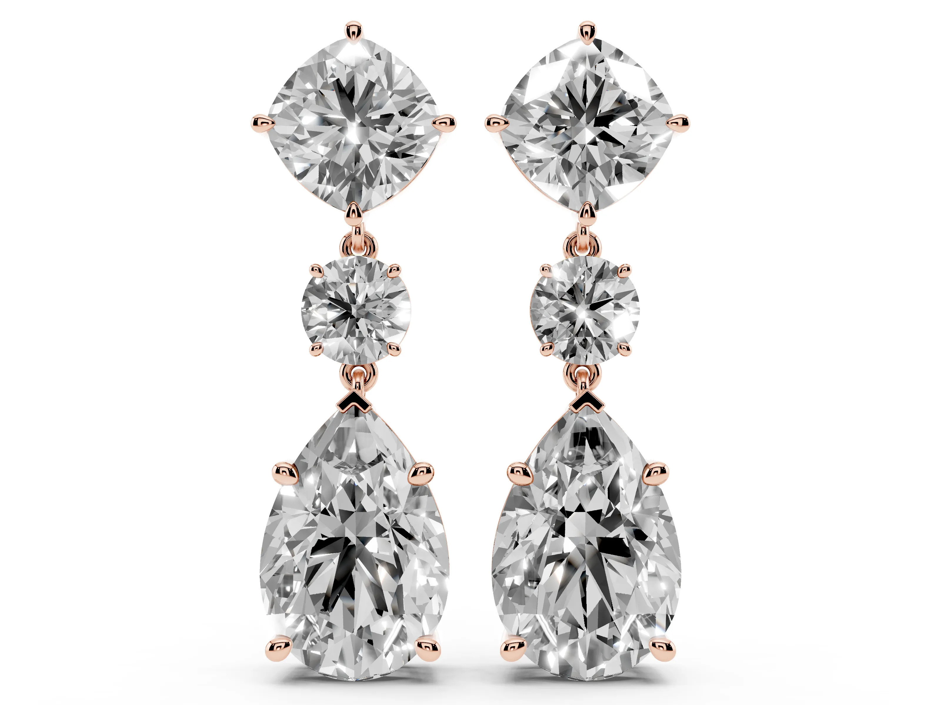 Cushion Round and Pear Lab-Grown Diamond Three Stone Drop Earrings | Linked Drop | Rose Gold