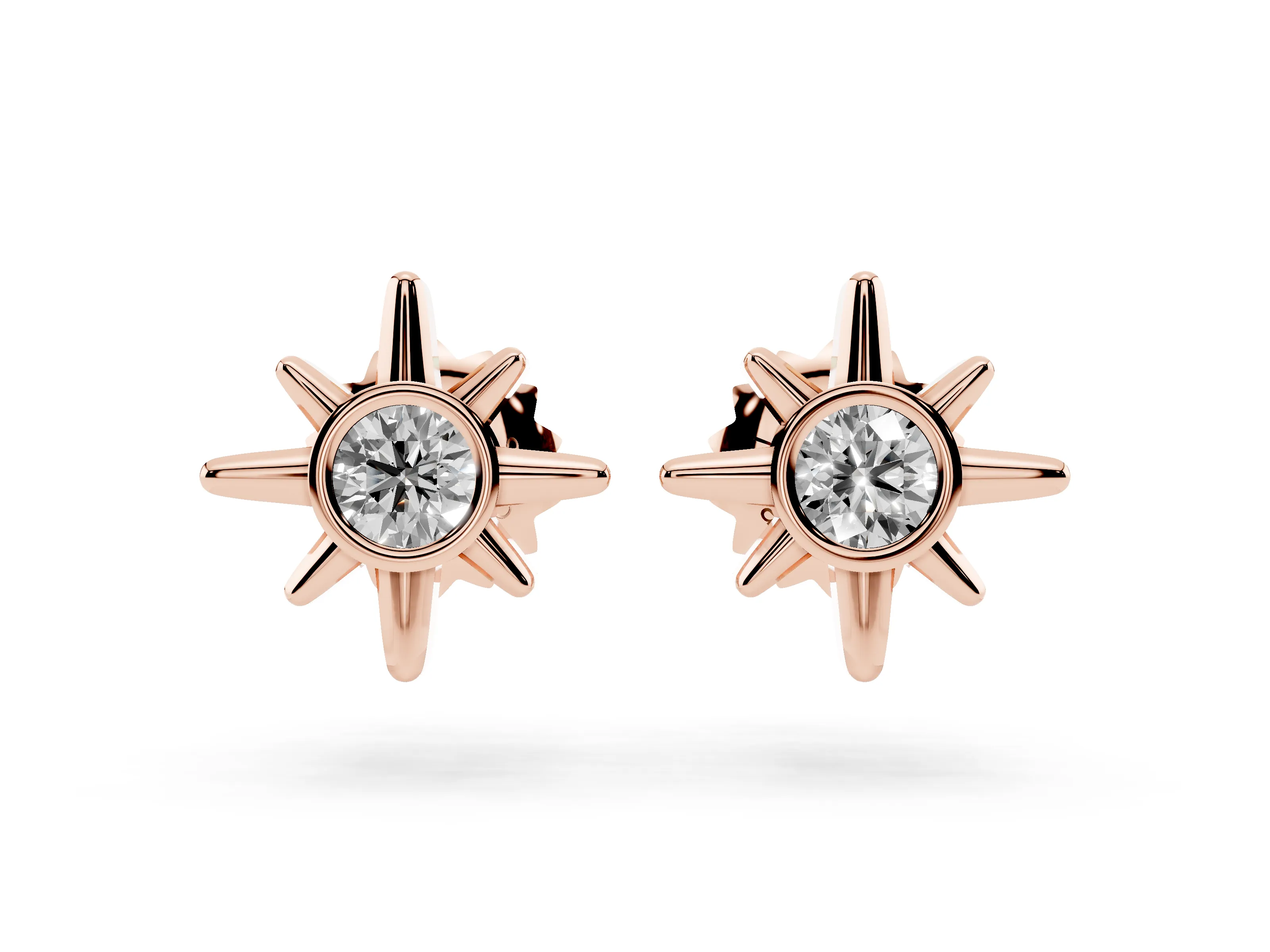 Round Lab-Grown Diamond Bezel Sun Starburst Stud Earrings | Polished Rays | Rose Gold