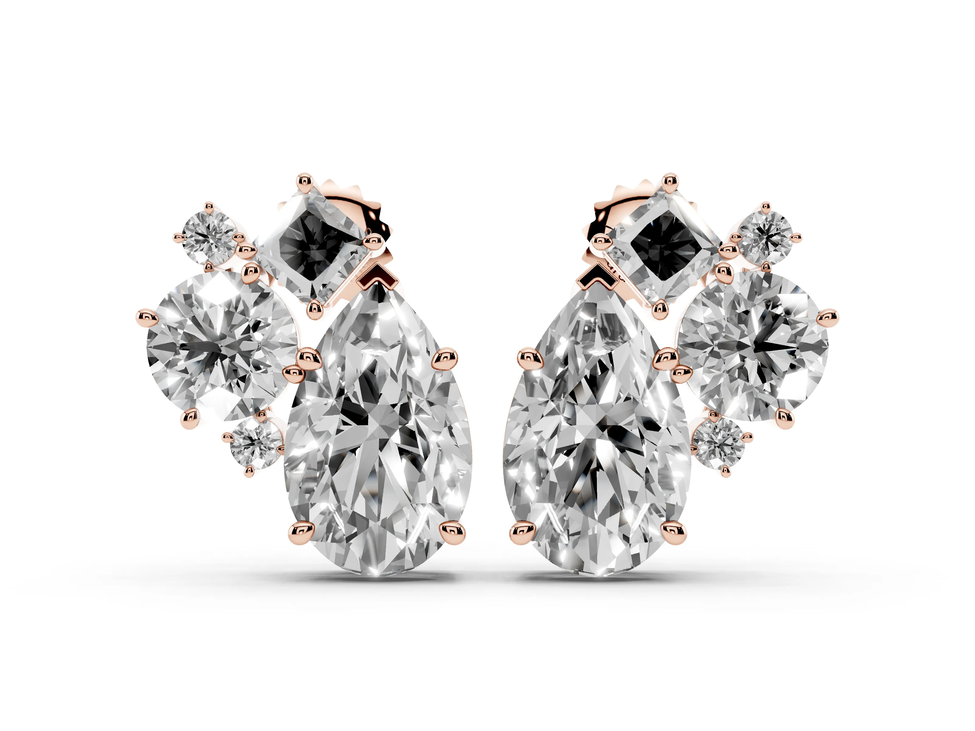 Multi-Shape Lab-Grown Diamond Mosaic Stud Earrings | Pear Princess and Round | Rose Gold