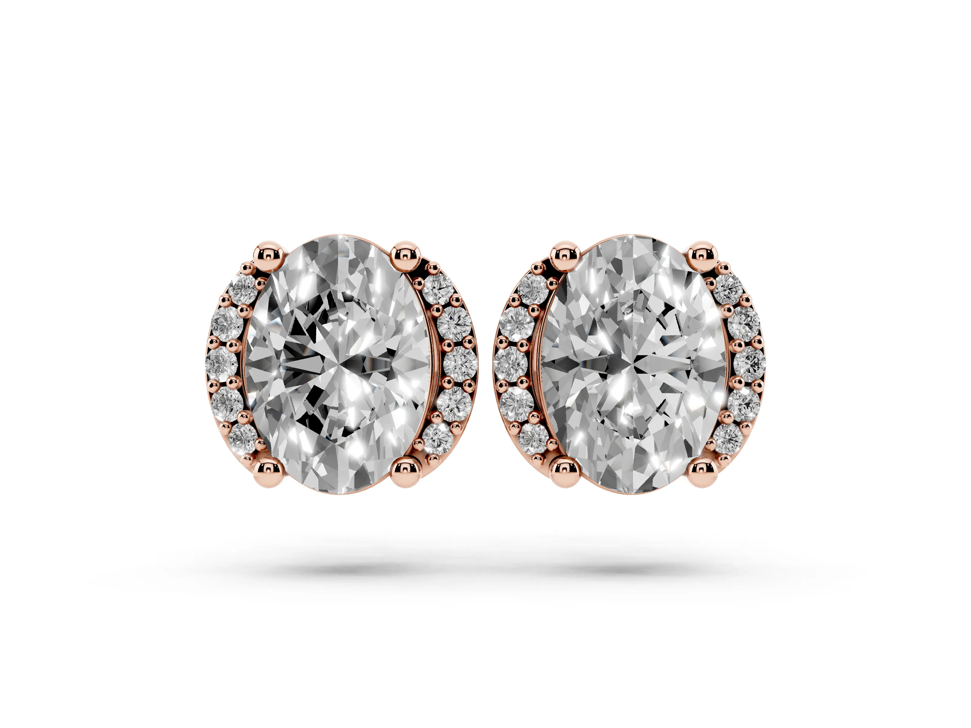 Oval Diamond Half Halo Stud Earrings Set in Rose gold with Accent Halo