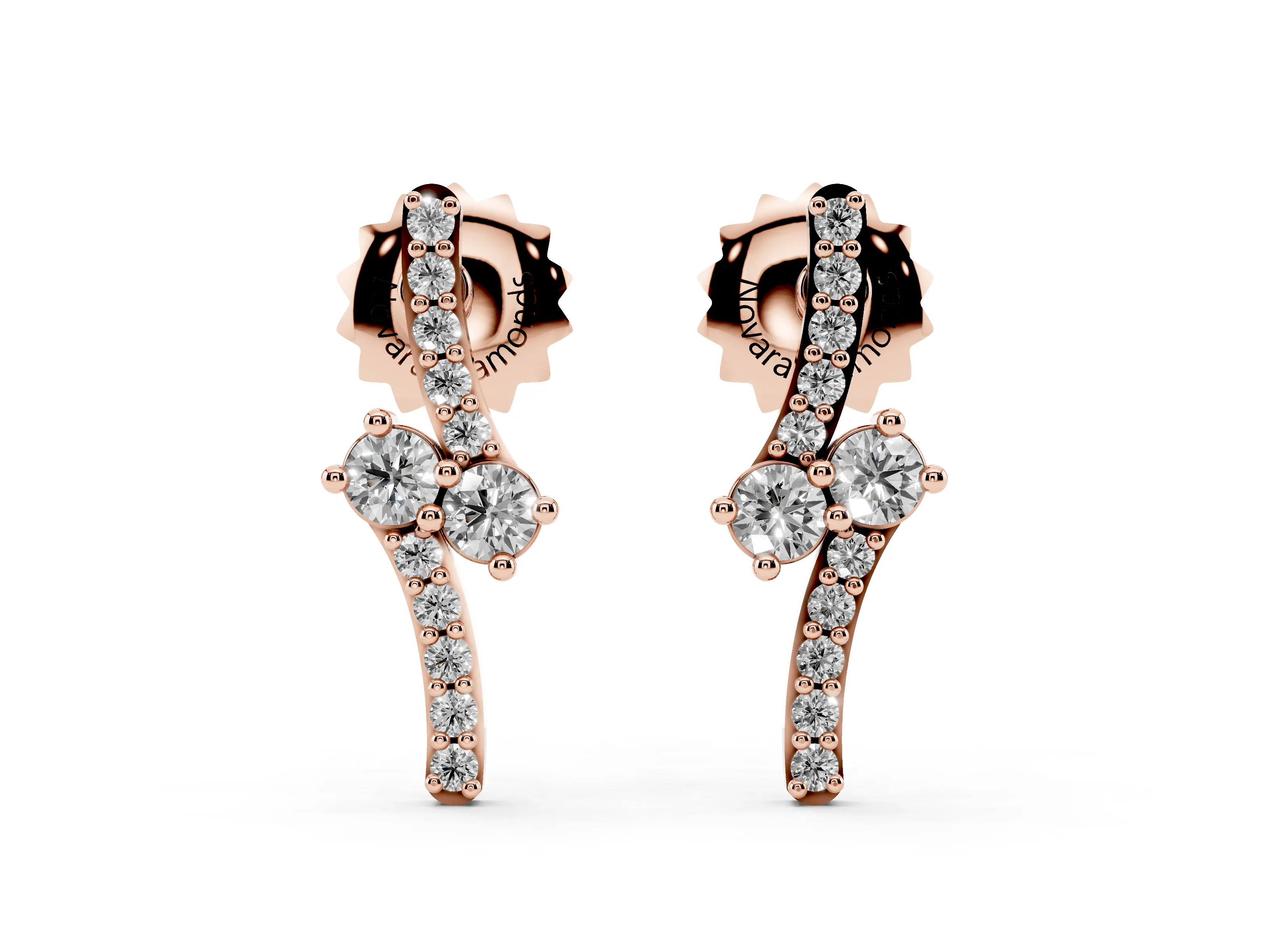 Round Lab-Grown Diamond Two Stone Bypass Stud Earrings | Curved Pavé Bar | Rose Gold