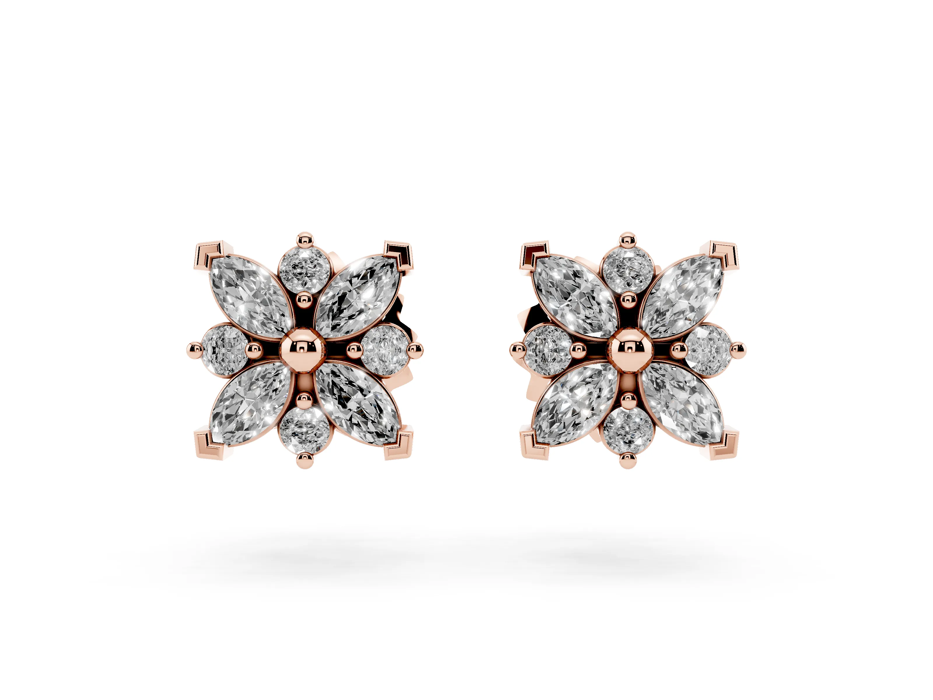 Marquise and Round Lab-Grown Diamond Petal Cluster Stud Earrings | Square Outline | Rose Gold