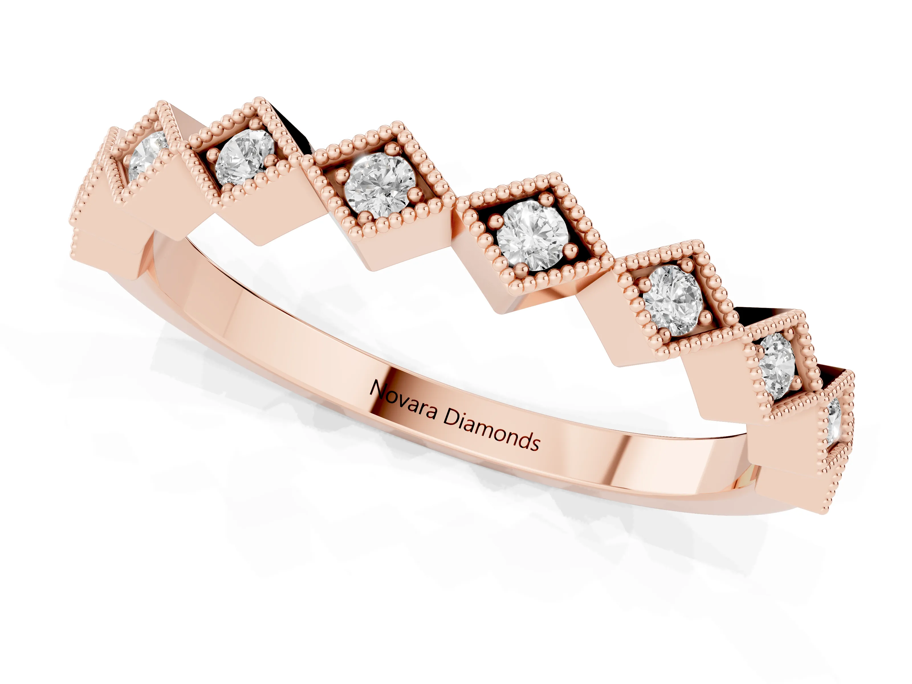 Round Cut Diamond Geometric Stackable Band Set in Rose gold with Milgrain Bezel Setting