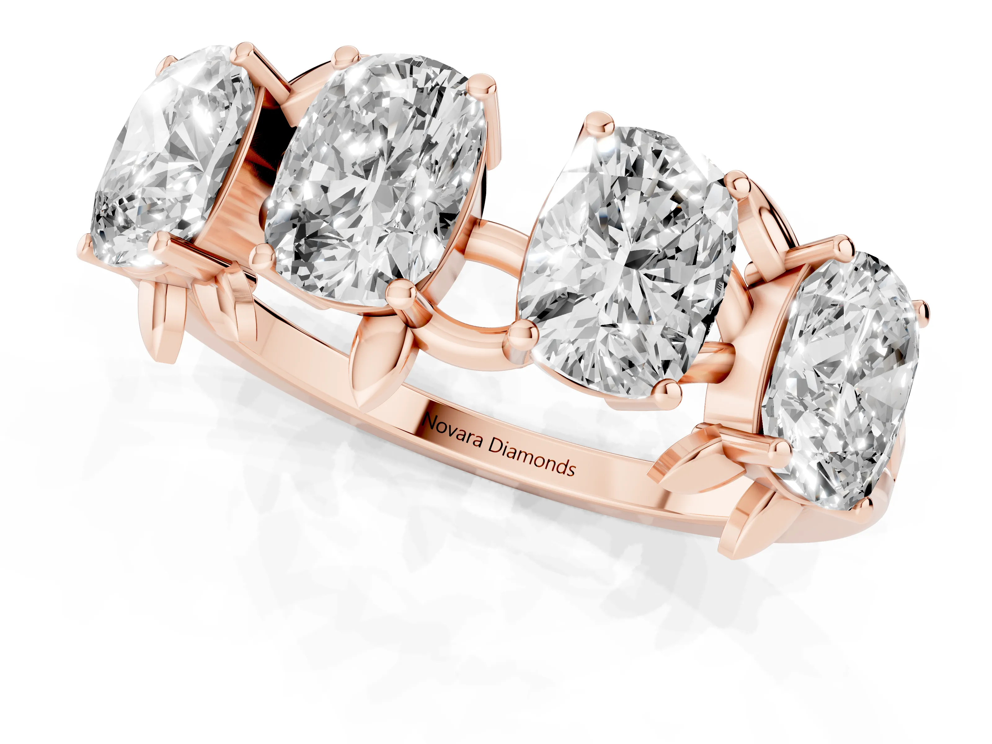 Elongated Cushion Diamond Four-Stone Band Set in Rose gold with Leaf Prong Setting – second view