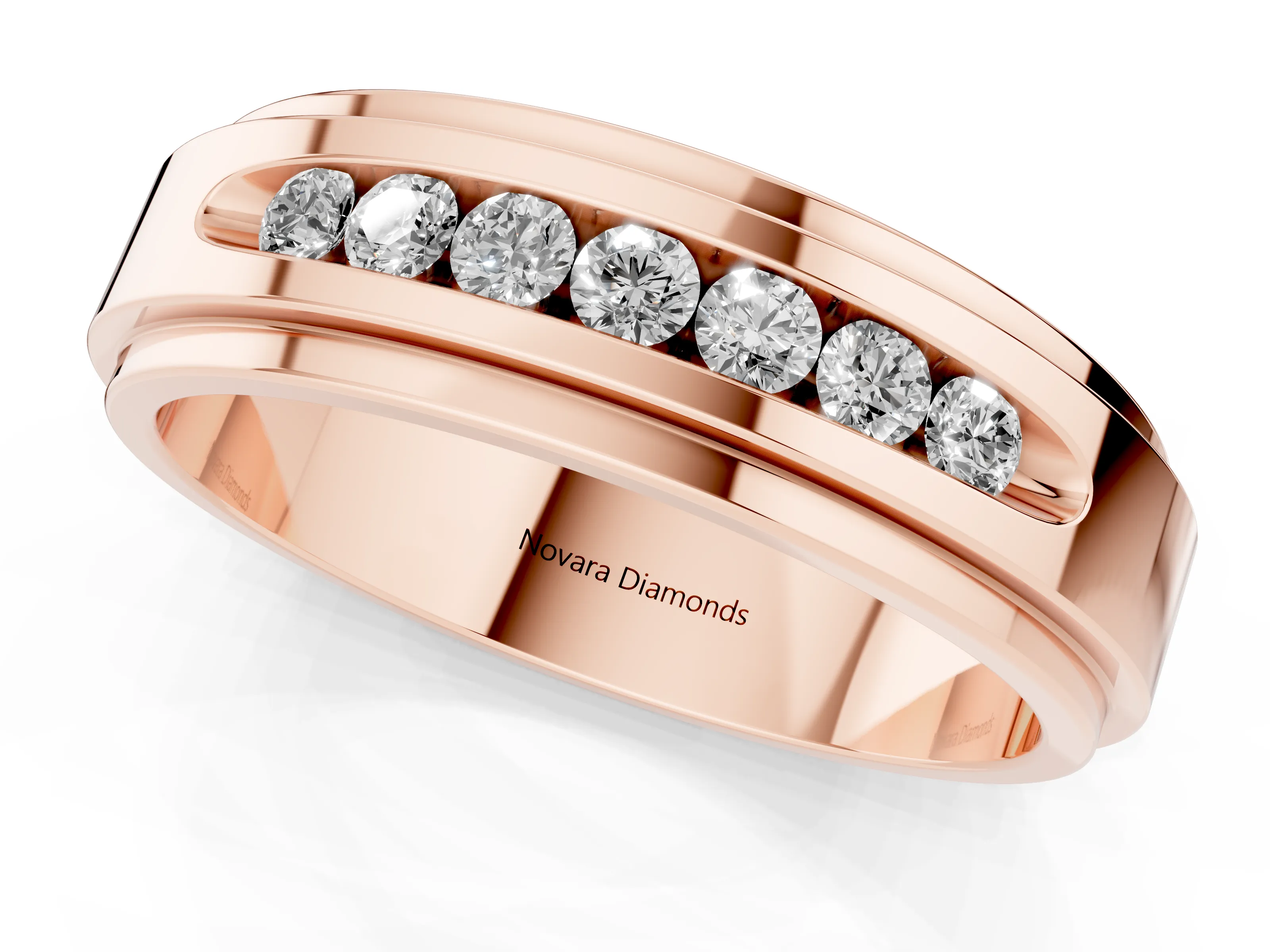 Round Diamond Seven-Stone Channel Mens Band Set in Rose gold with Recessed Setting – second view