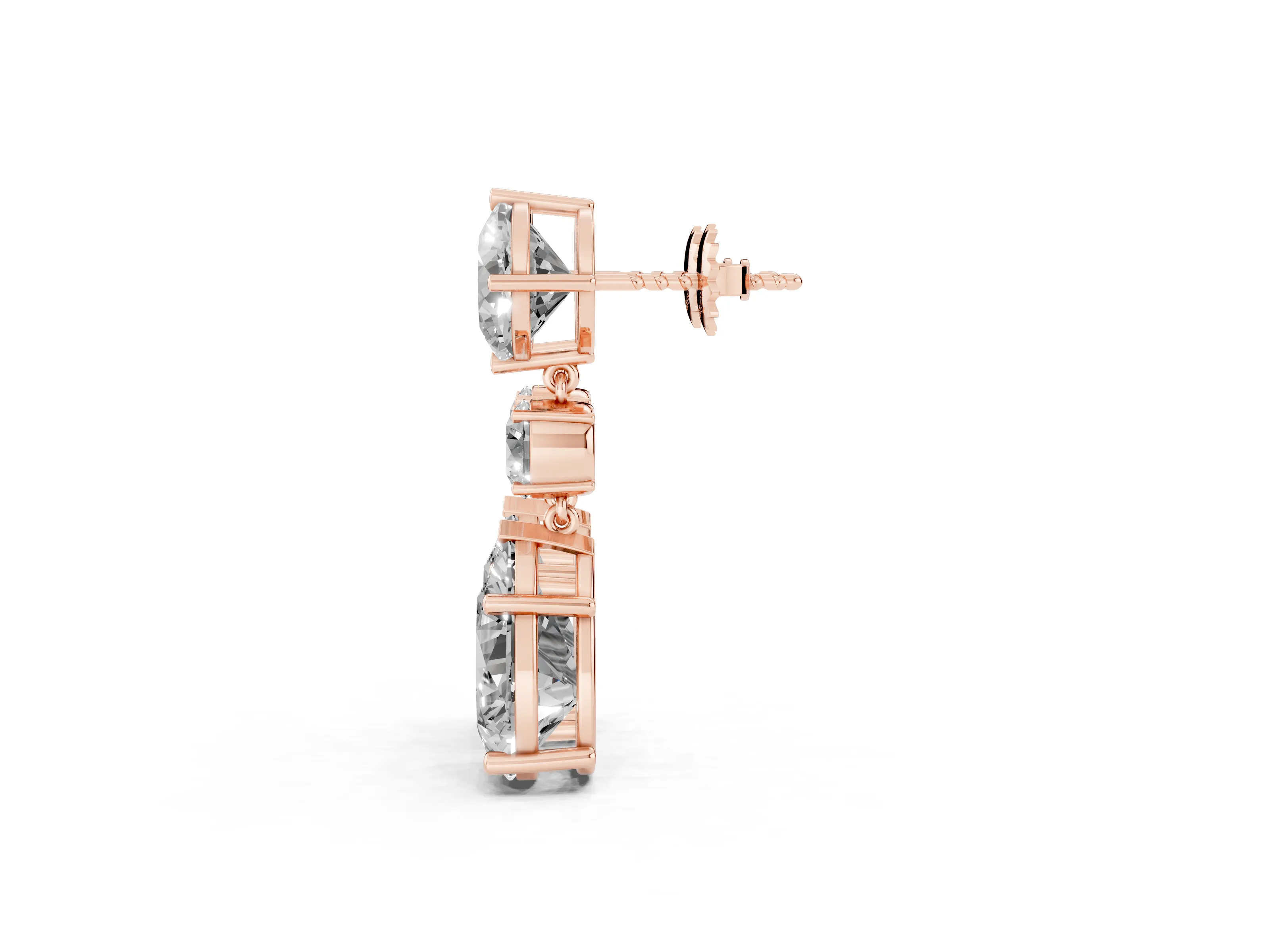 Cushion Round and Pear Lab-Grown Diamond Three Stone Drop Earrings | Linked Drop | Rose Gold