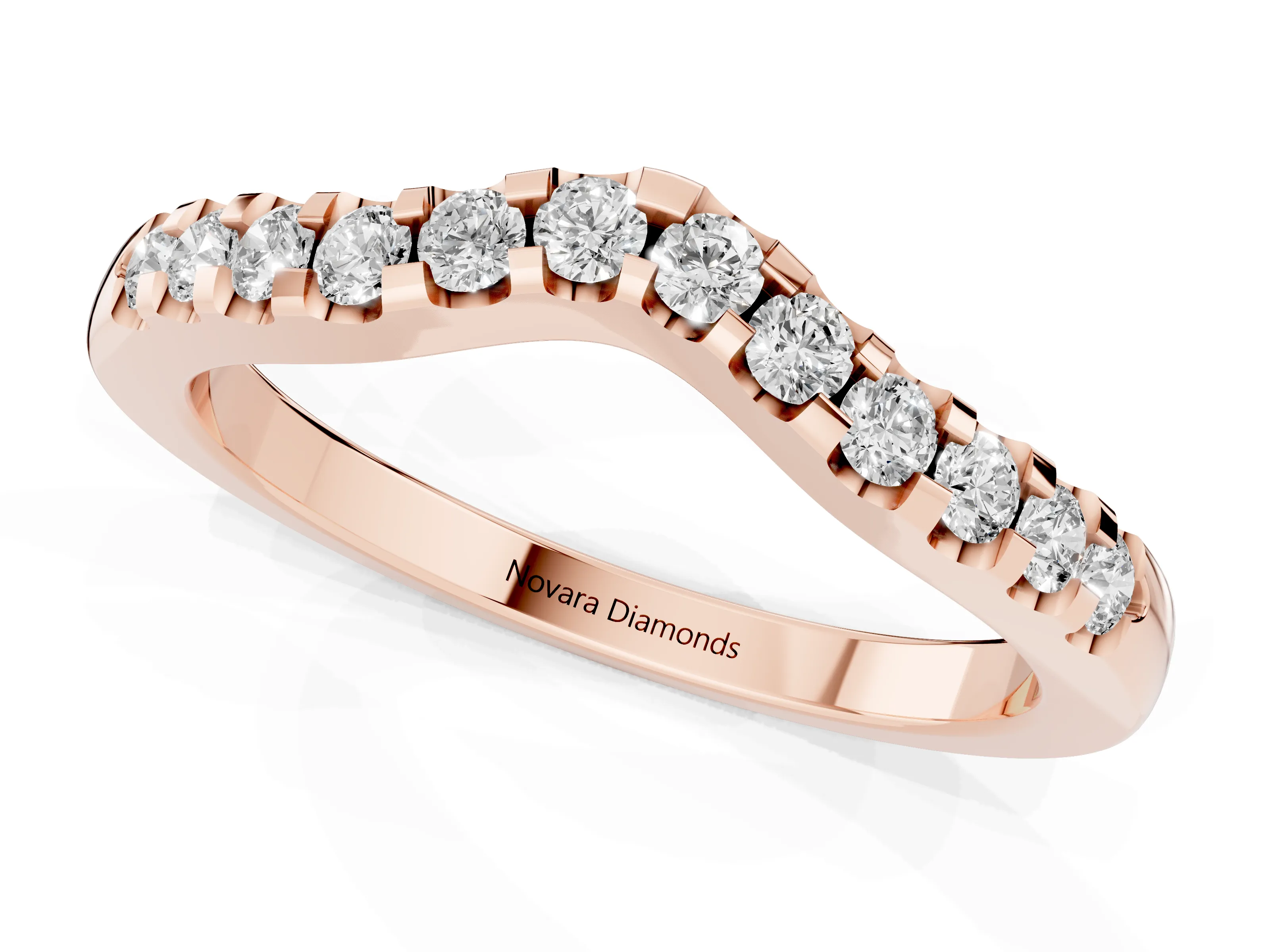 Round Diamond Curved Half Eternity Ring Set in Rose gold with Shared Prong Setting