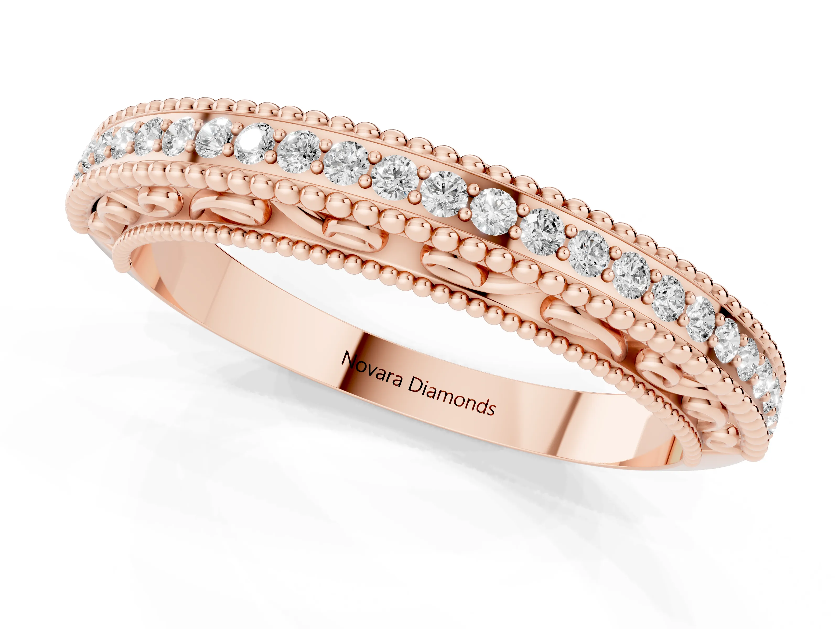 Round Diamond Pavé Eternity Band Set in Rose gold with Milgrain Edges