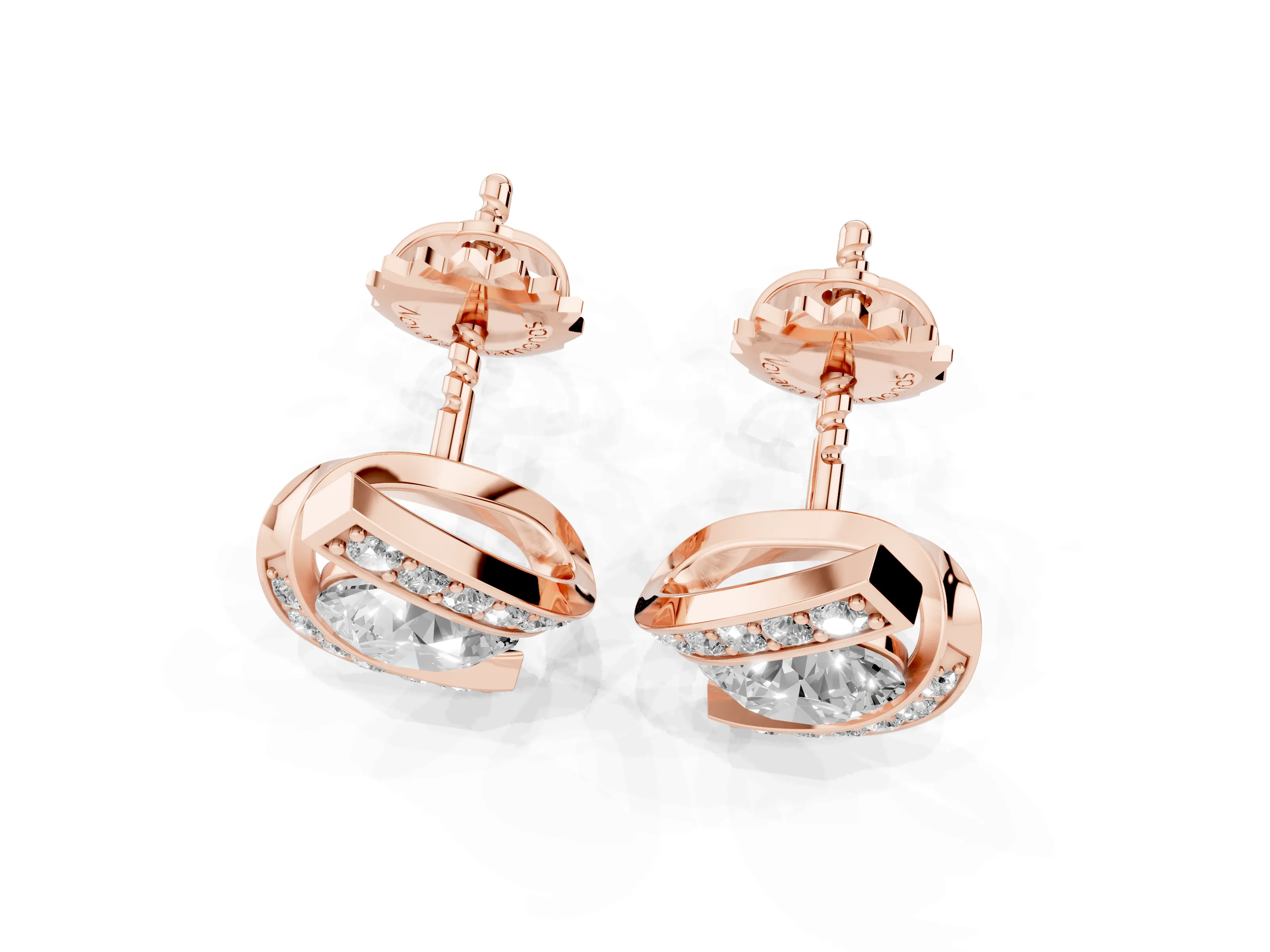 Round Diamond Curve Wave Stud Earrings Set in Rose gold with Pavé Accents