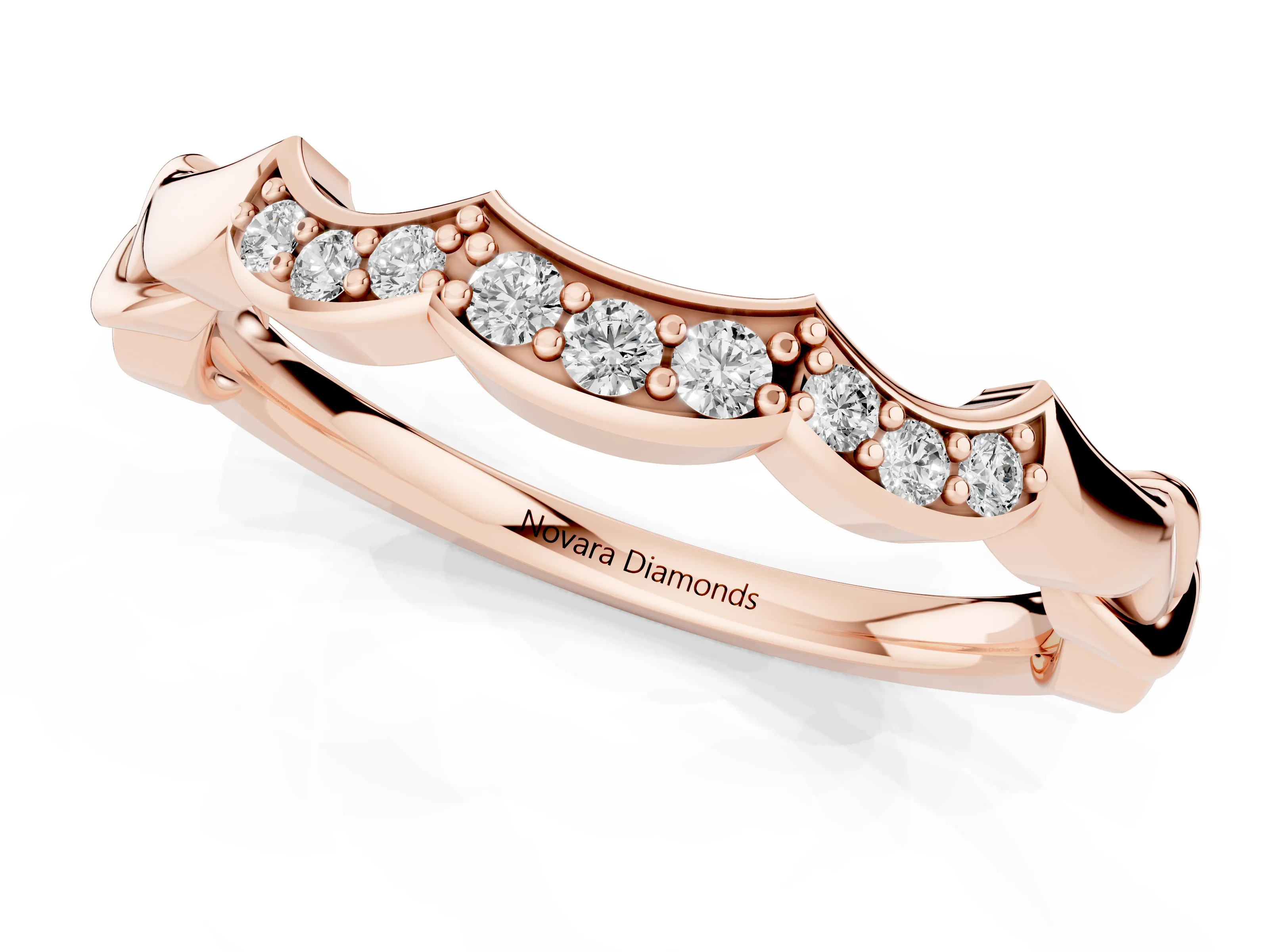 Round Diamond Scalloped Curved Band Set in Rose gold with Shared Prong Setting
