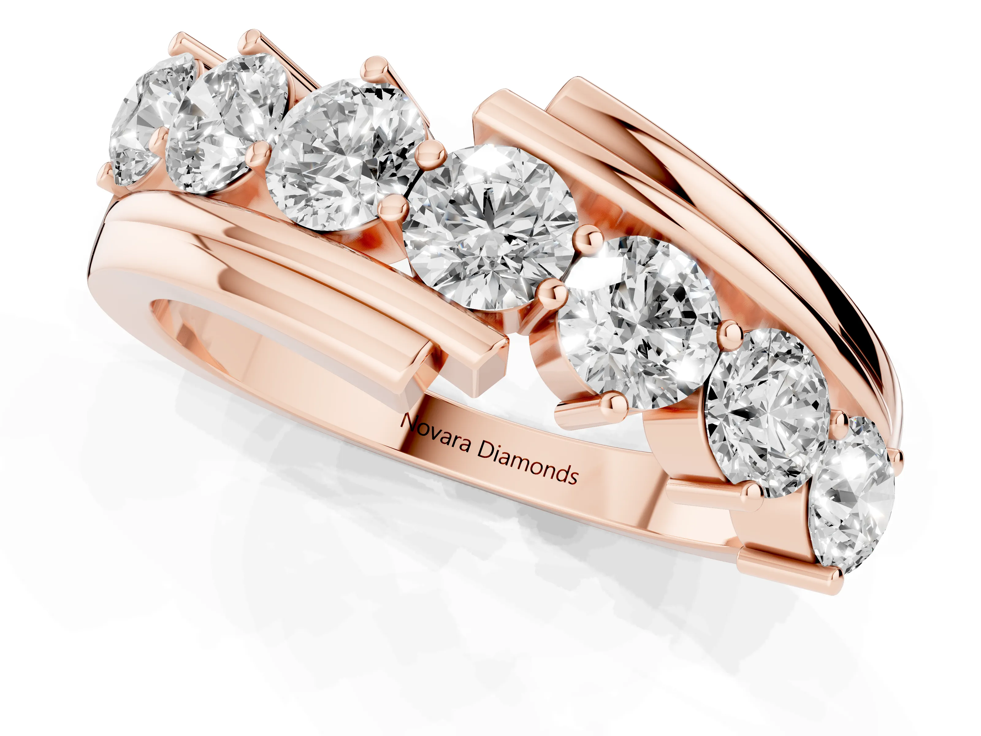 Round Diamond Wave Band Set in Rose gold with Channel and Shared Prong Setting