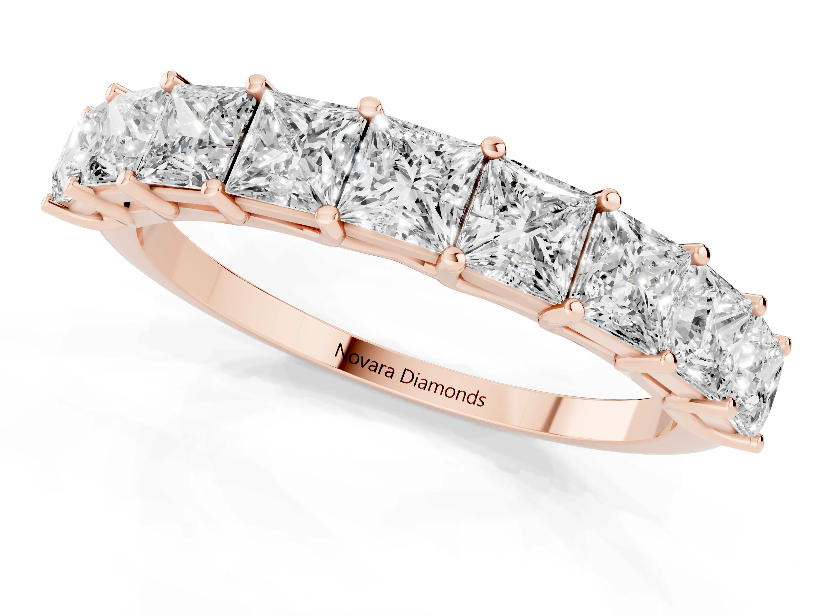 Princess Cut Diamond Channel Eternity Band Set in Rose gold with Prong Detailing