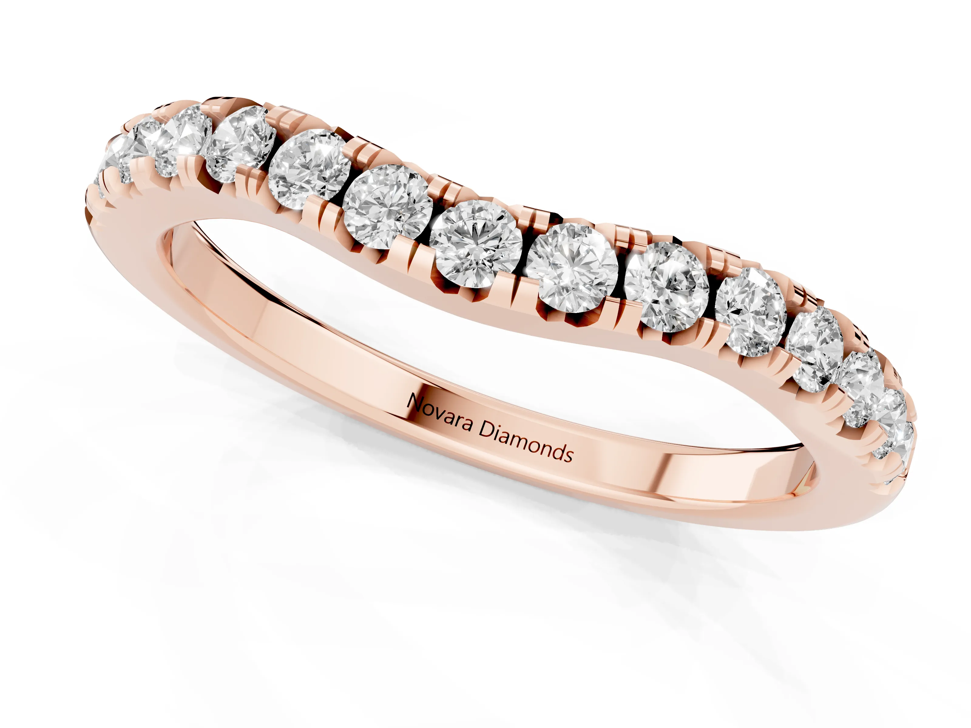 Round Diamond Curved Pavé Wedding Band Set in Rose gold with Shared Prongs