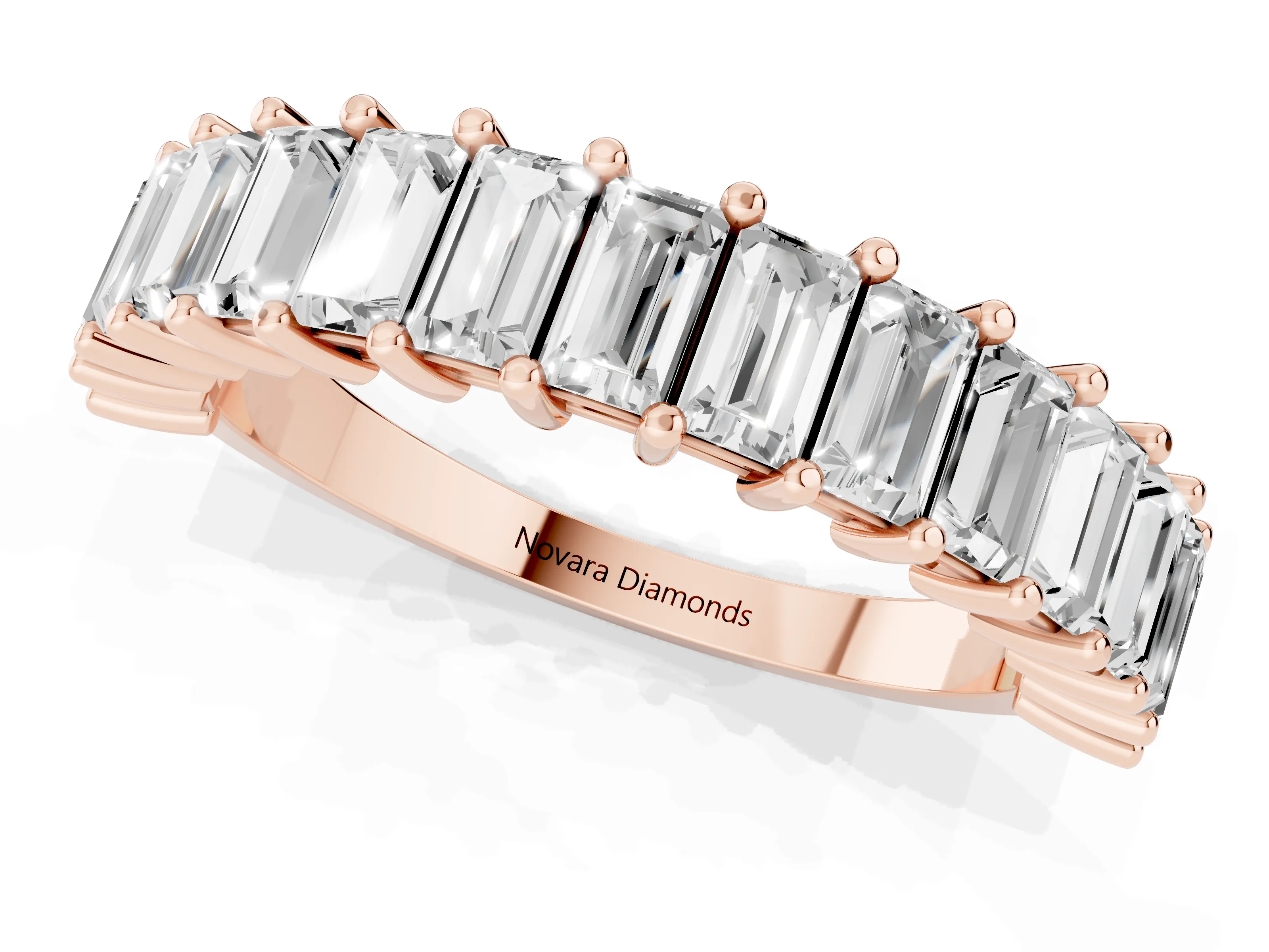 Baguette Diamond Half Eternity Band Set in Rose gold with Shared Prong Setting – second view